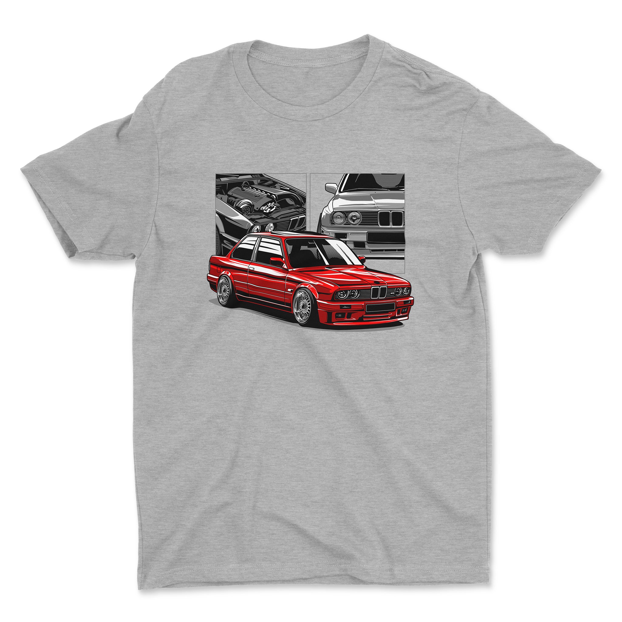 BMW E30 Car T-Shirt in athletic heather color.