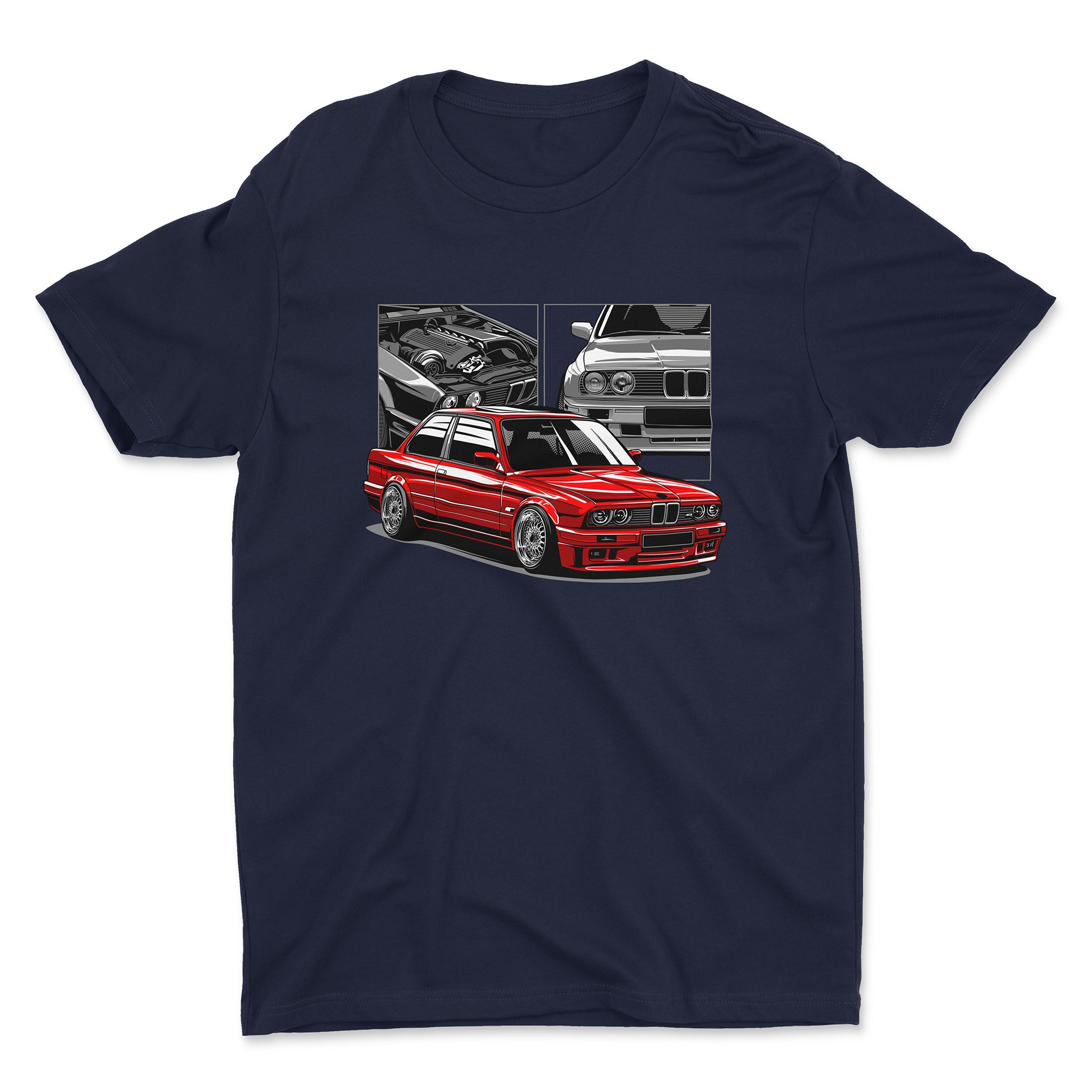 BMW E30 Car T-Shirt in navy color.