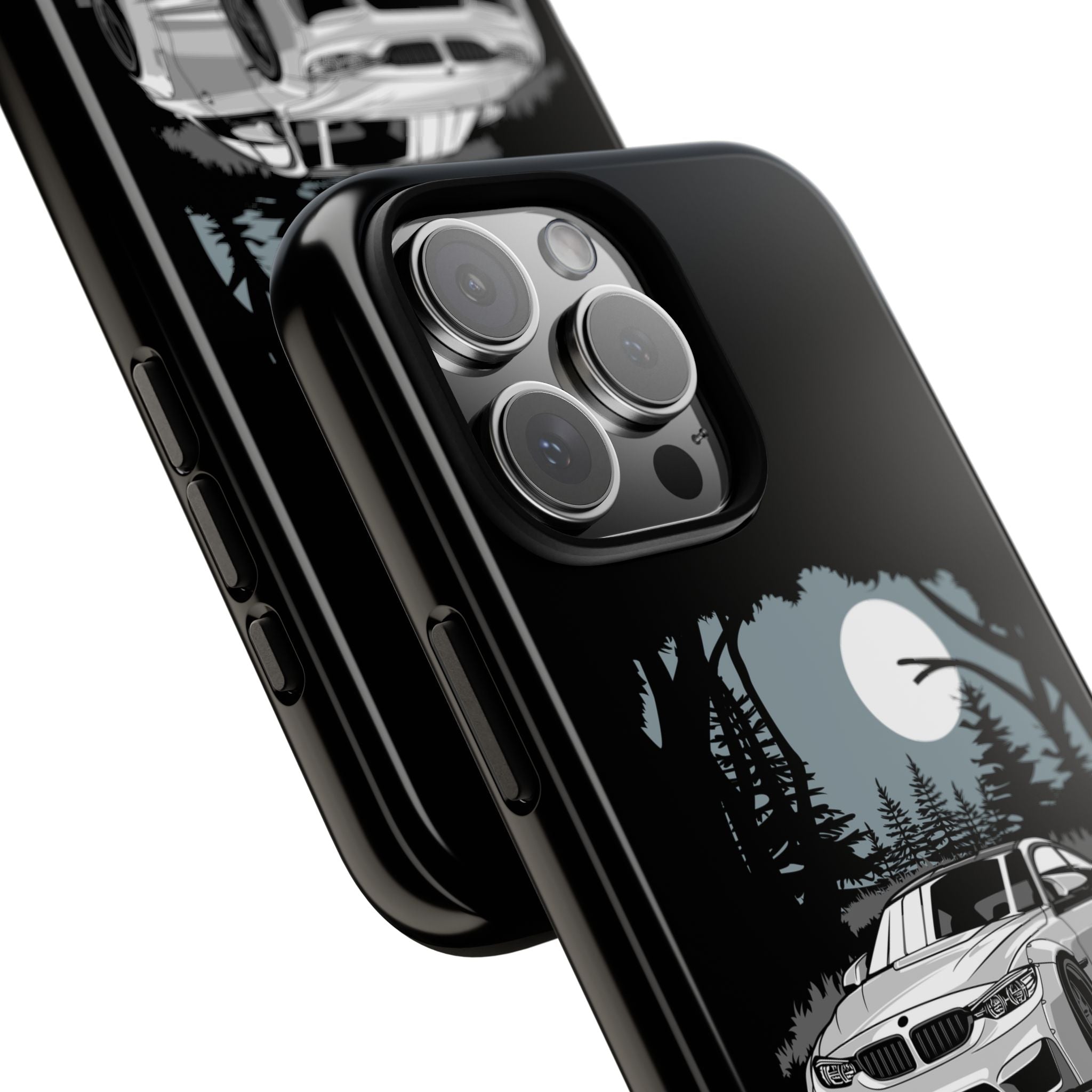 Phone case with car and moon design on a white background