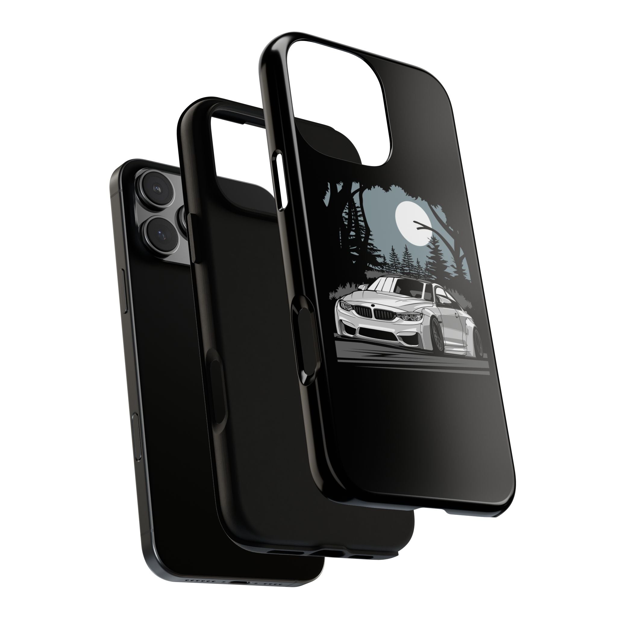 Black phone case with car illustration on a white background