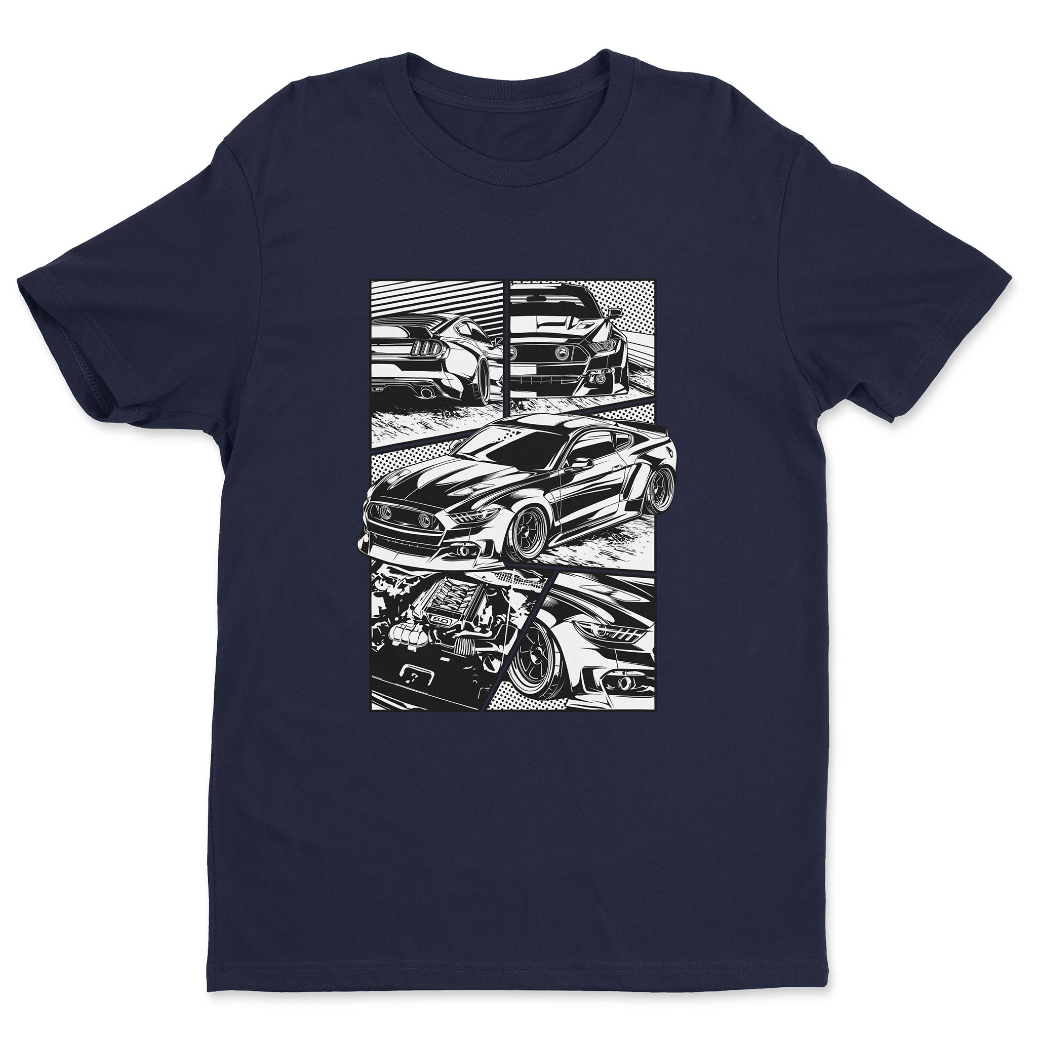 Ford Mustang S550 car t-shirt in navy color.