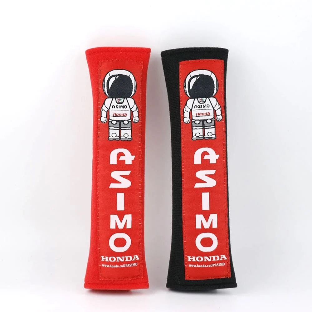 Honda ASIMO robot seat belt shoulder pads in red and black.