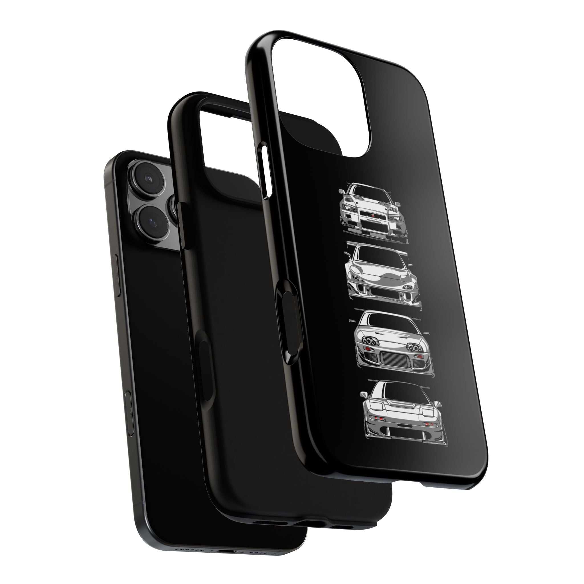Black phone case with car illustrations on a white background