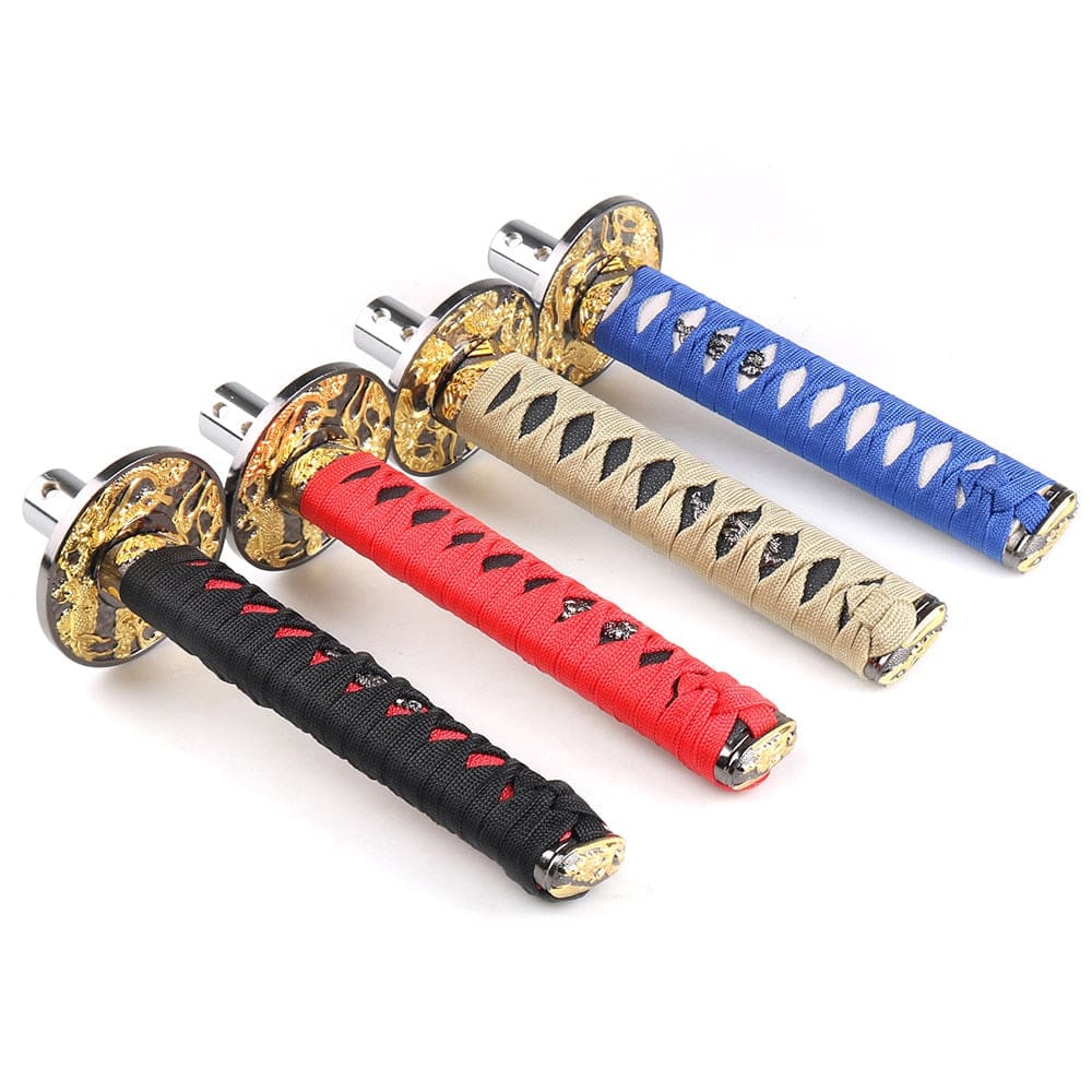 Katana Samurai Sword Shift Knob in black/red, red/black, gold/black, and blue/white.