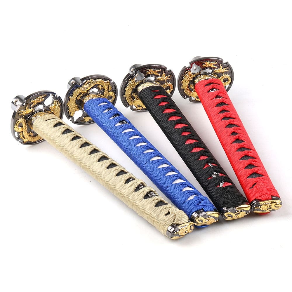 Katana Samurai Sword Shift Knob in black/red, red/black, gold/black, and blue/white.