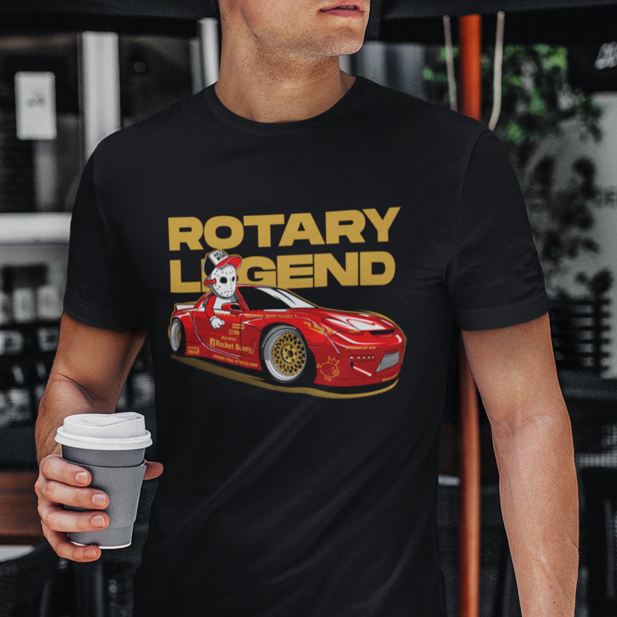 Man wearing Mazda RX-7 Rotary Legend Car T-Shirt in black.