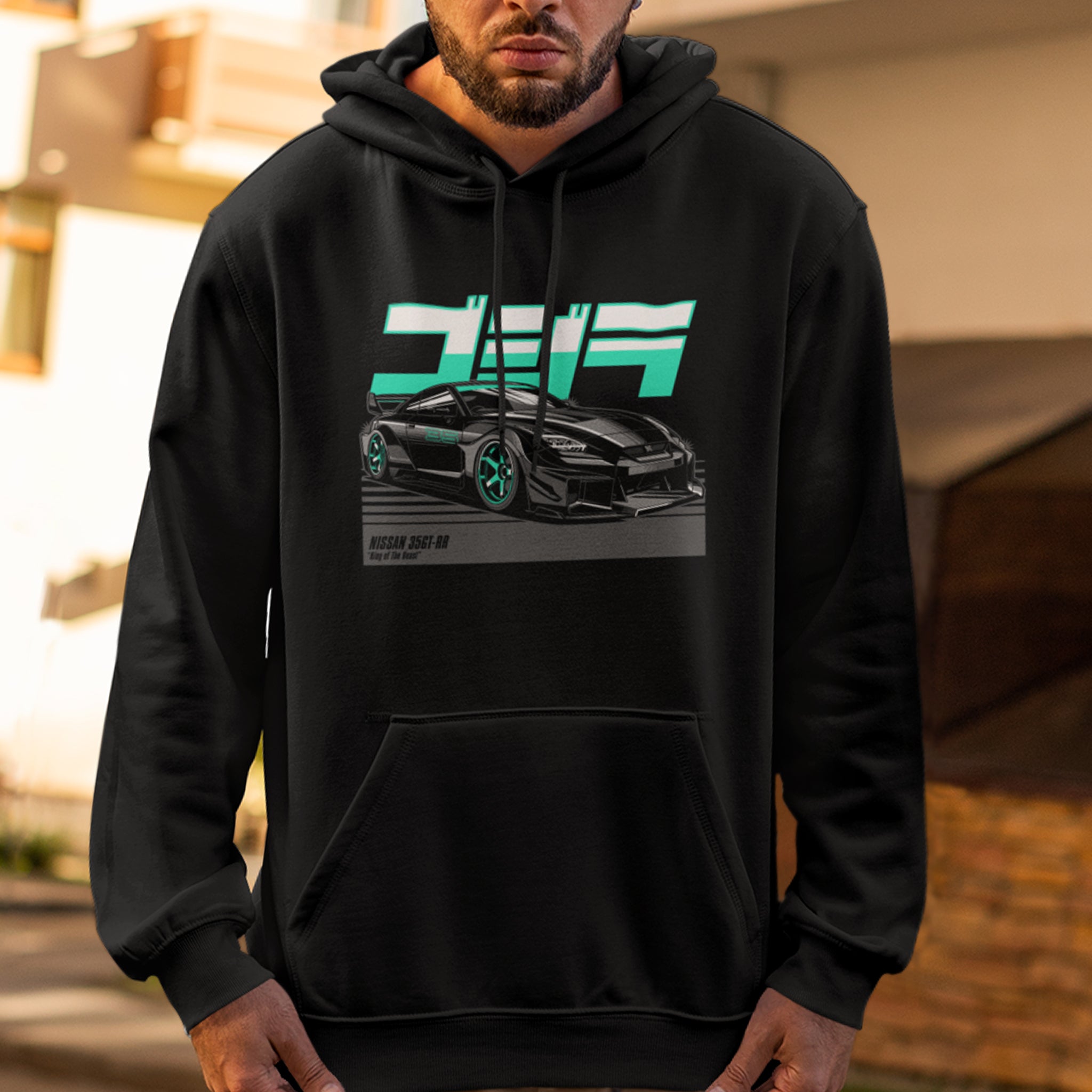 Man wearing Nissan 35GT-RR Car Hoodie in black.