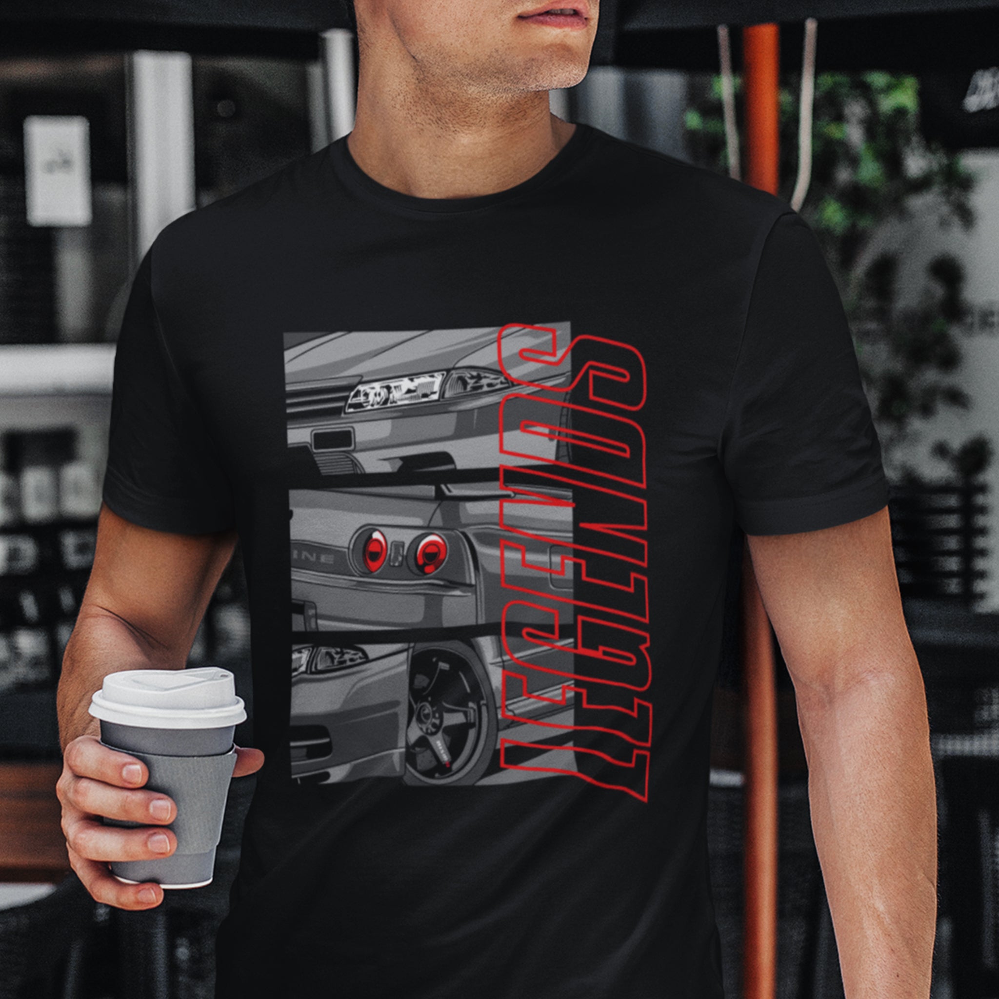 Man wearing the Nissan Skyline GTR R32 Legends Car T-Shirt in Black.