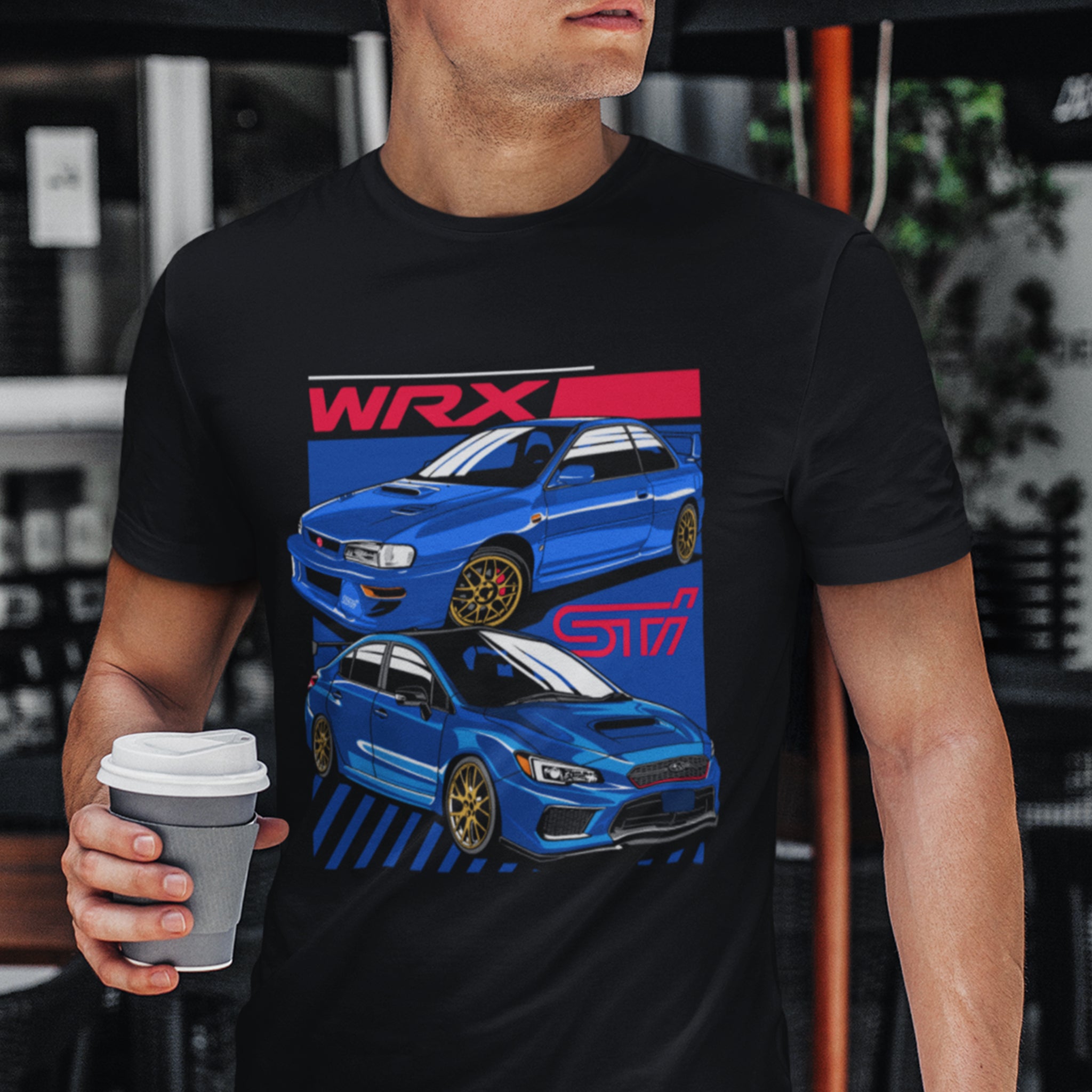 Man wearing Subaru Impreza WRX Sti Car T-Shirt in black.