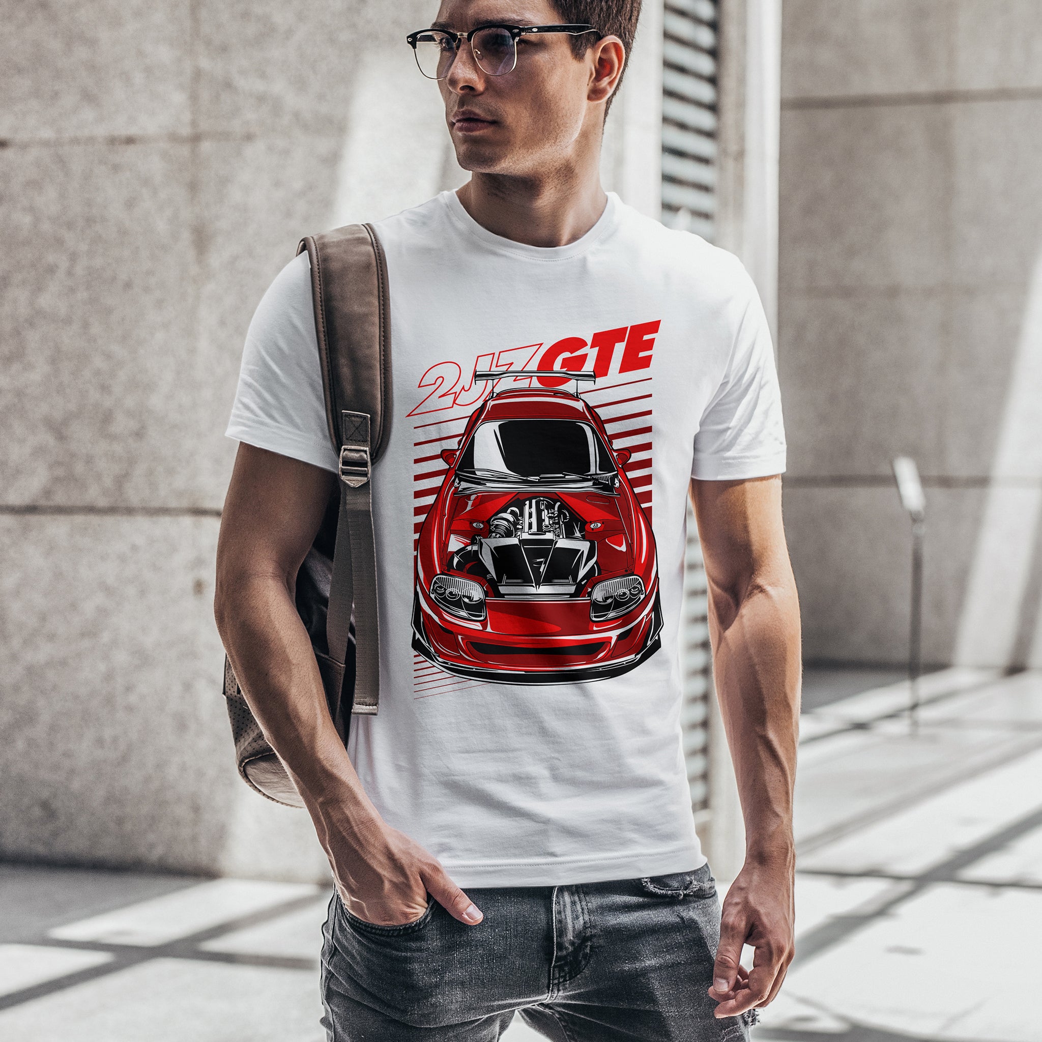 Man wearing Toyota Supra MKIV 2JZ Car T-Shirt in white.