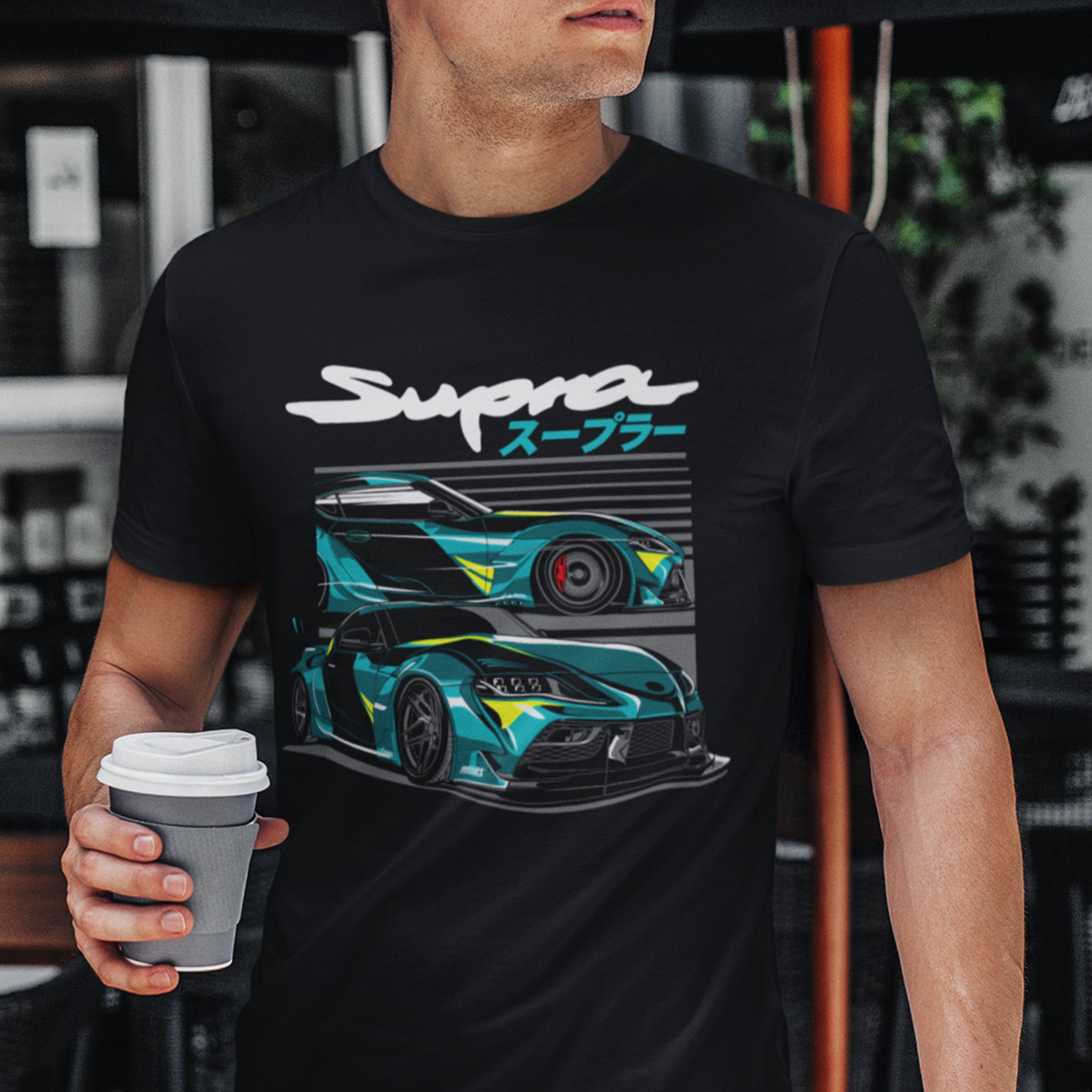 Man wearing Toyota Supra MK5 A90 Car T-Shirt in black.