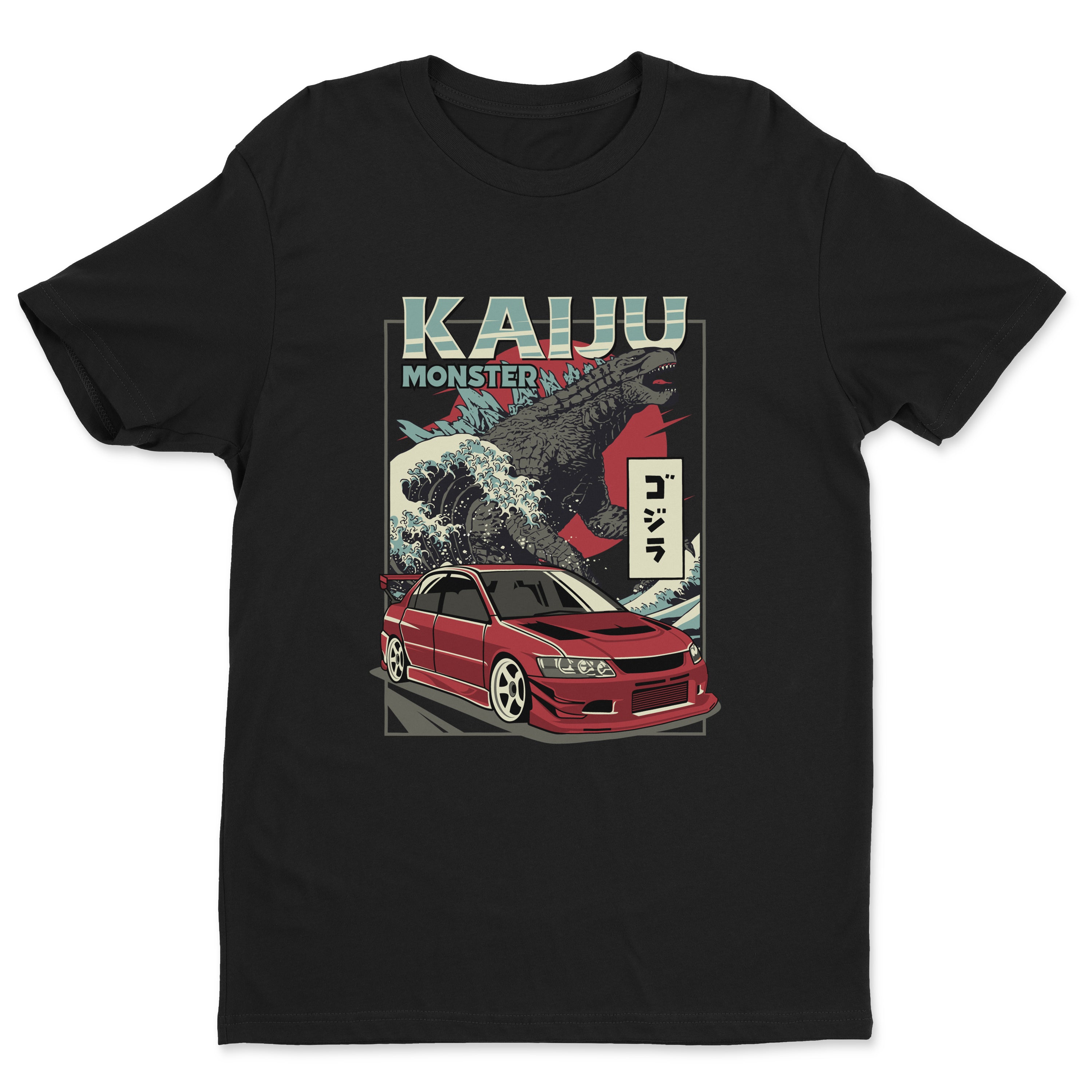 Mitsubishi Lancer Evolution Kaiju Car T-Shirt in black.