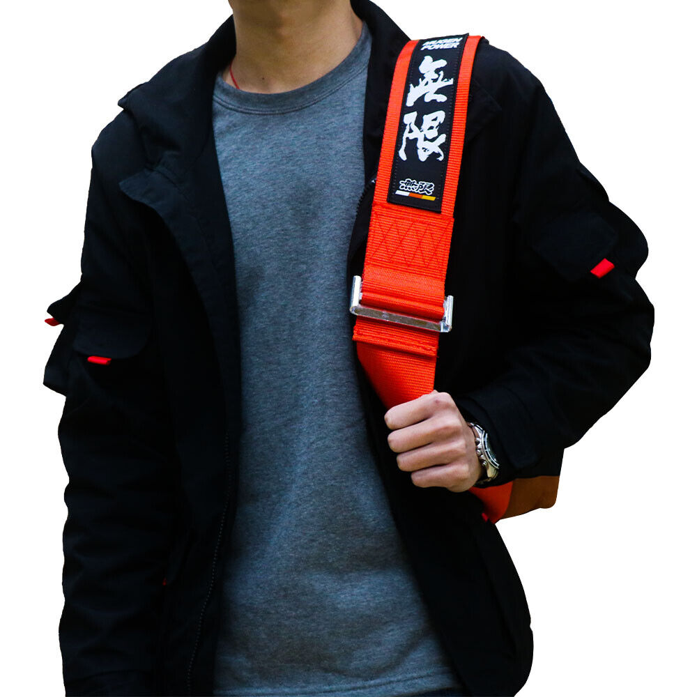 Mugen Bride Backpack with red racing harness straps.