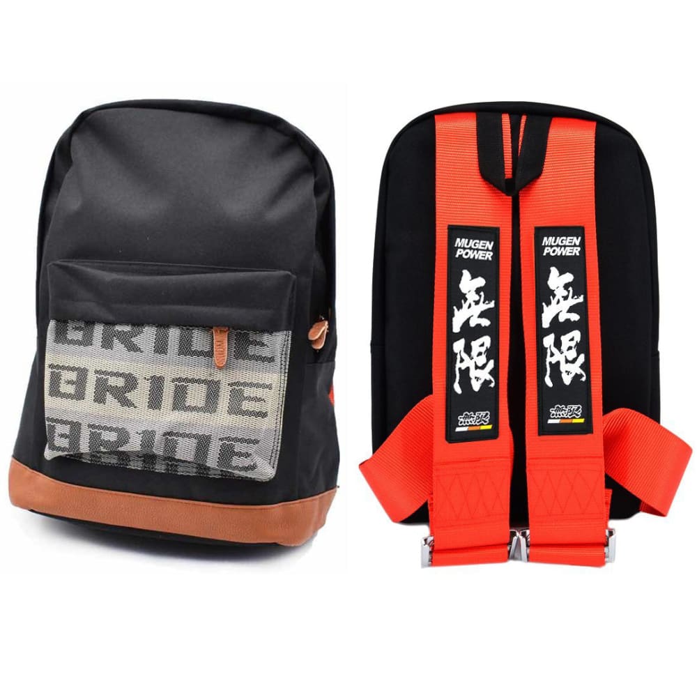 Mugen Bride Backpack with red racing harness straps. 