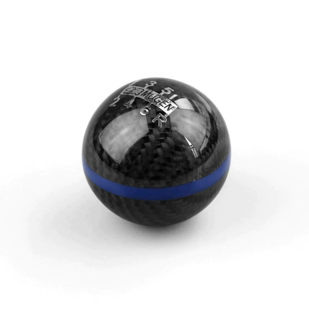 Mugen JDM Type R 6-speed gear shift knob in black with blue line.
