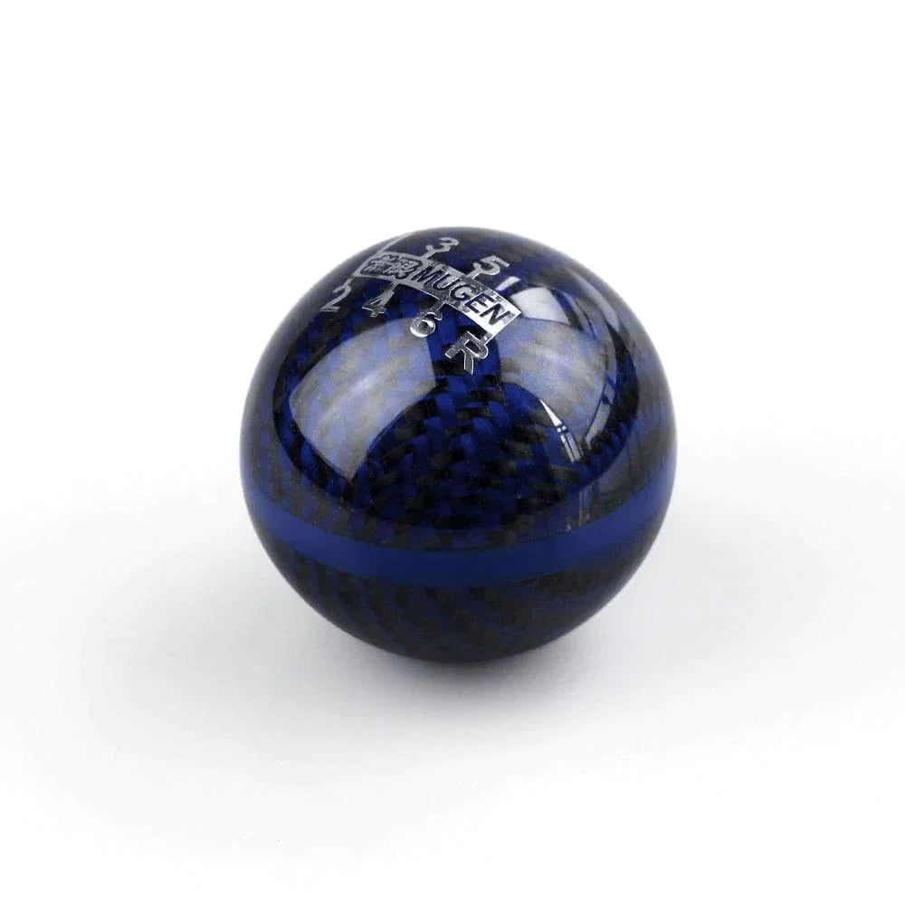 Mugen JDM Type R 6-speed gear shift knob in blue with blue line.