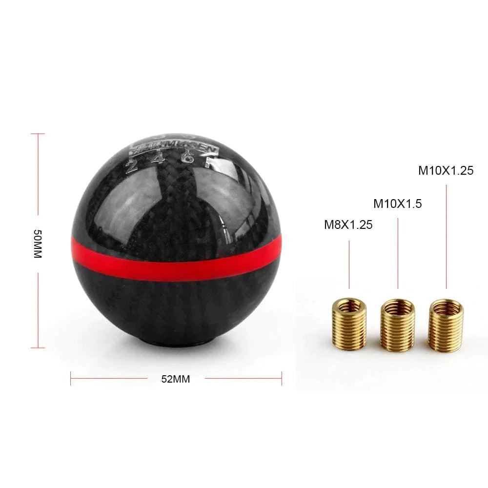 Mugen JDM Type R 6-speed gear shift knob in black with red line.