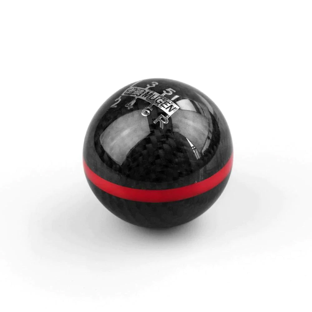 Mugen JDM Type R 6-speed gear shift knob in black with red line.