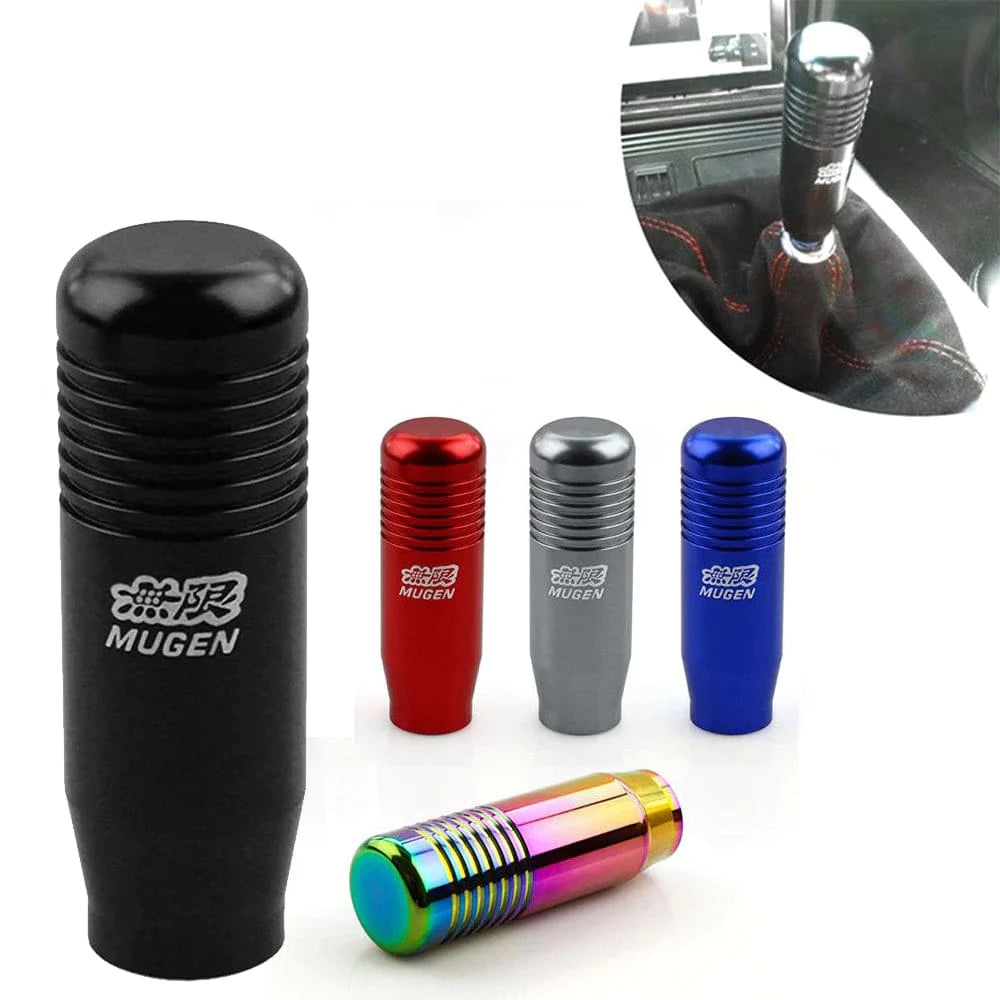 Mugen power JDM gear shift knob in black, neochrome, red, silver, and blue.