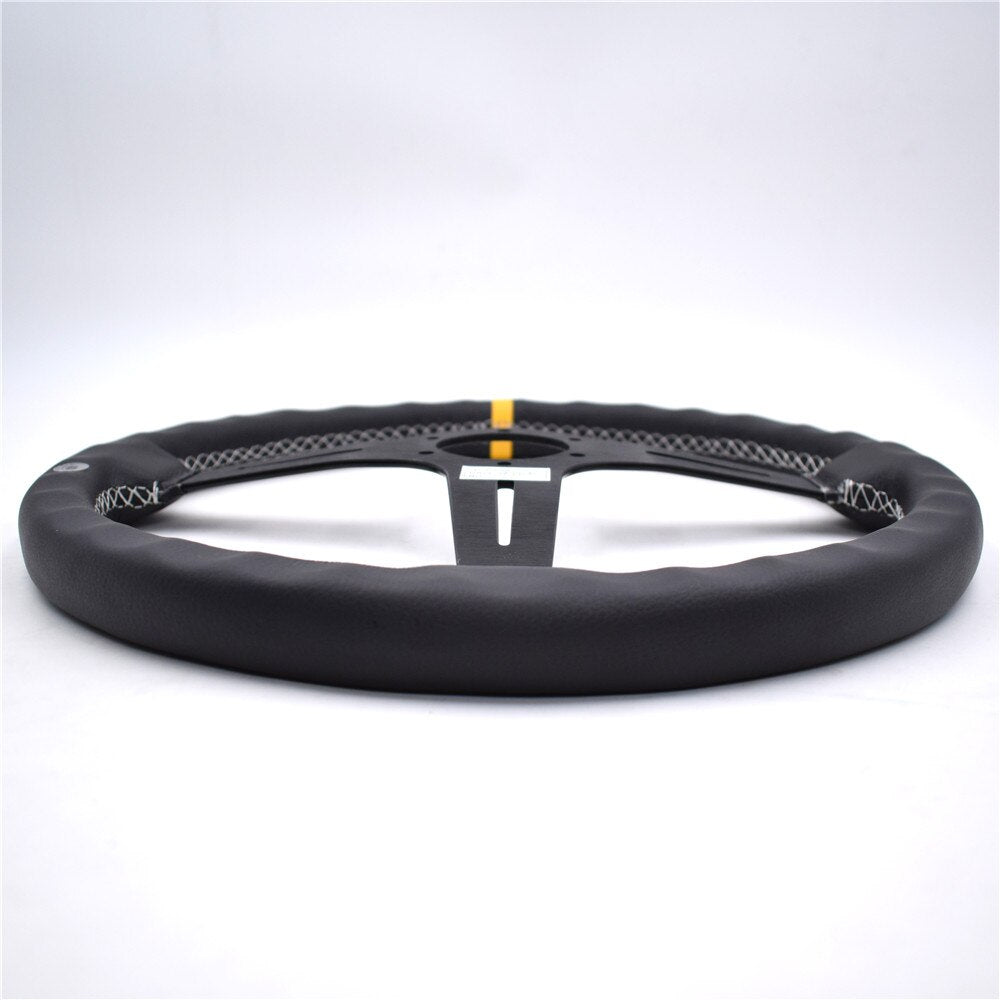 ND racing leather steering wheel with black frame.