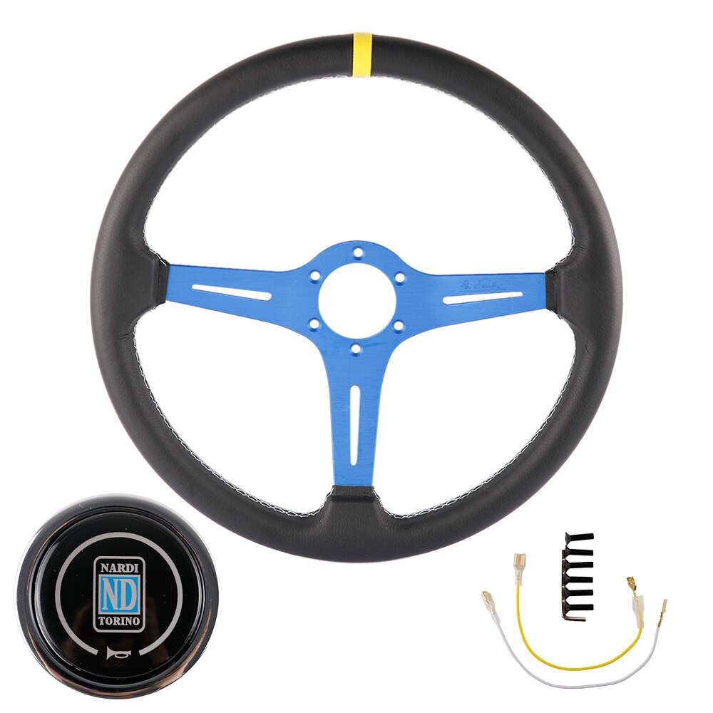ND racing leather steering wheel with blue frame.