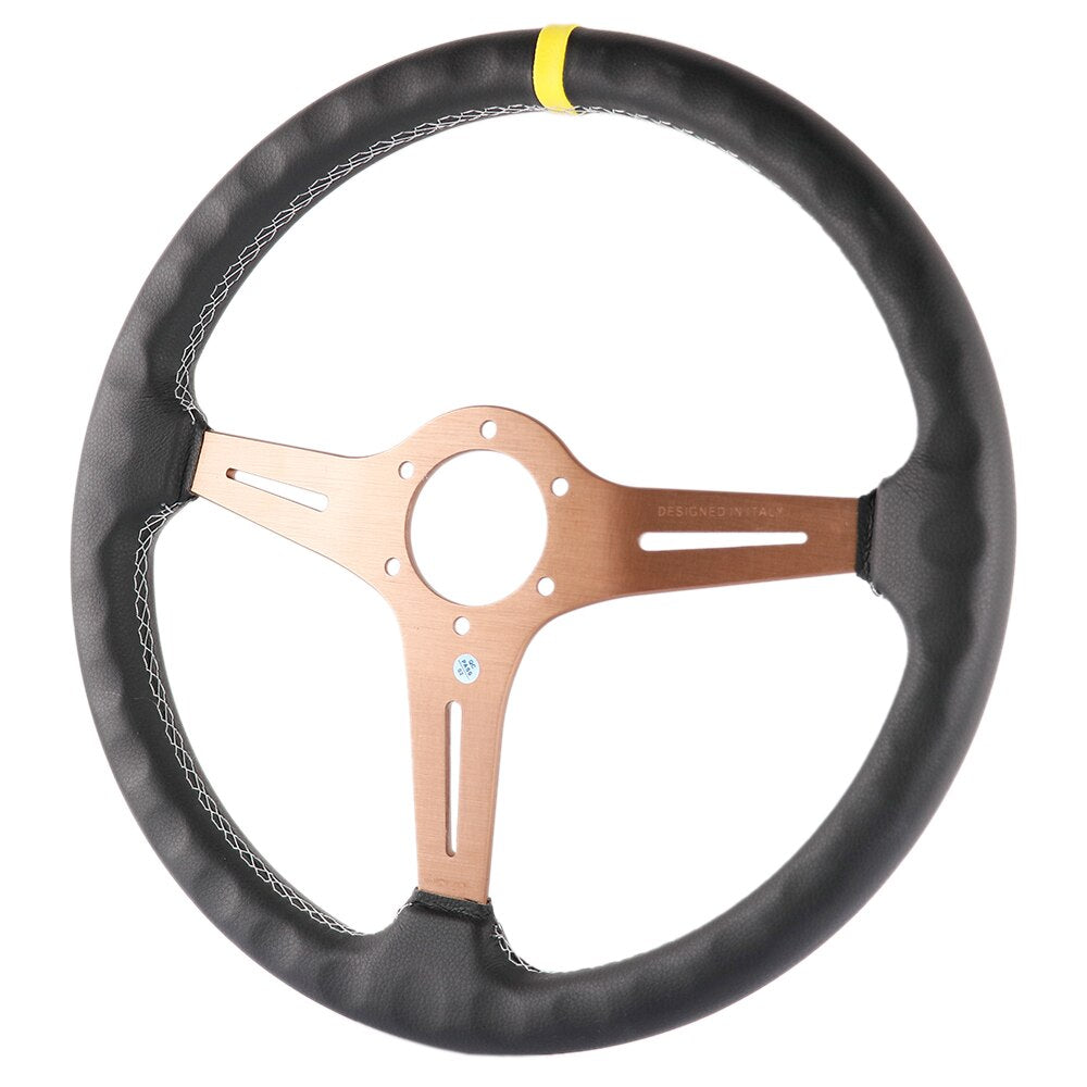 ND racing leather steering wheel with brown frame.