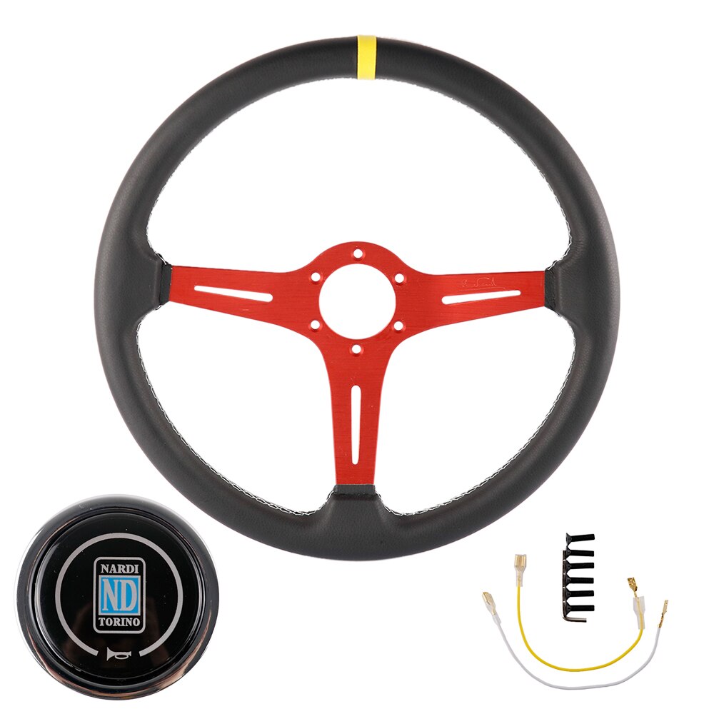 ND racing leather steering wheel with red frame.