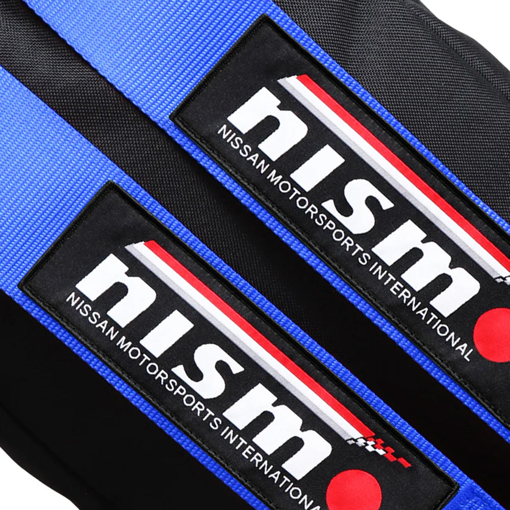 NISMO Bride Backpack with blue racing harness straps.