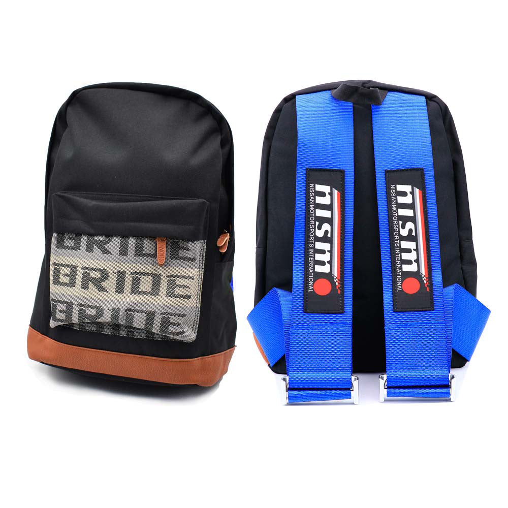 NISMO Bride Backpack with blue racing harness straps. 