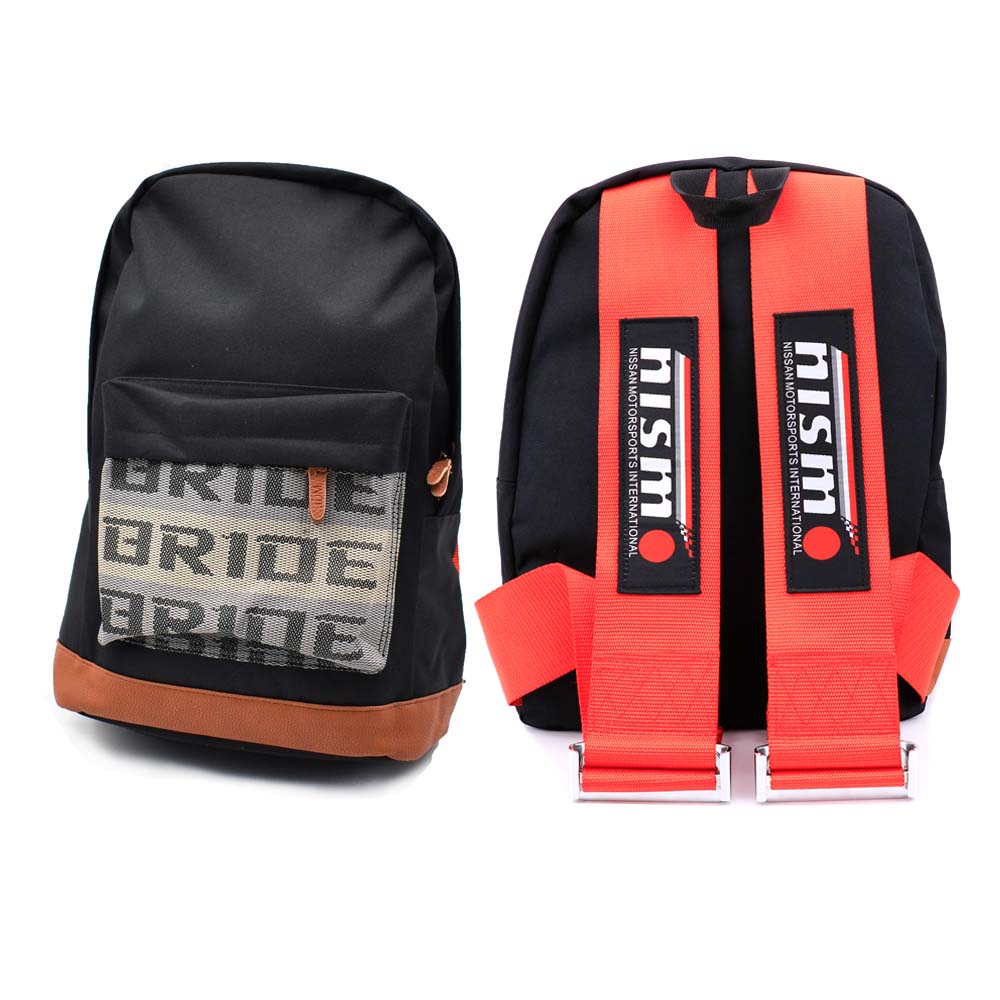 NISMO Bride Backpack with red racing harness straps. 