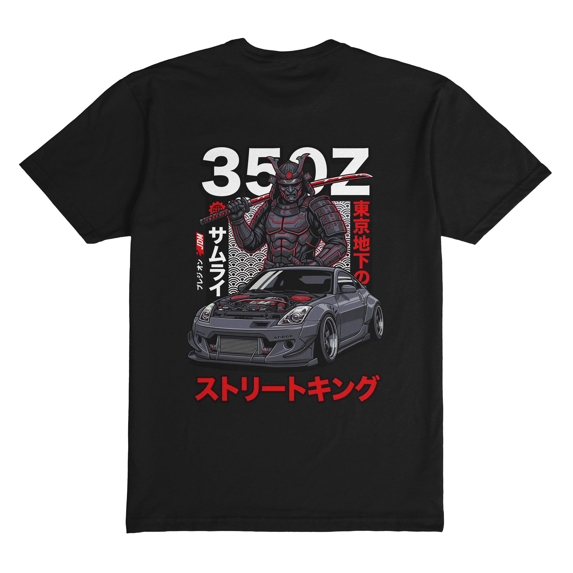 Black t-shirt with a graphic design of a car and a person in armor, featuring the number 350Z and Japanese text.