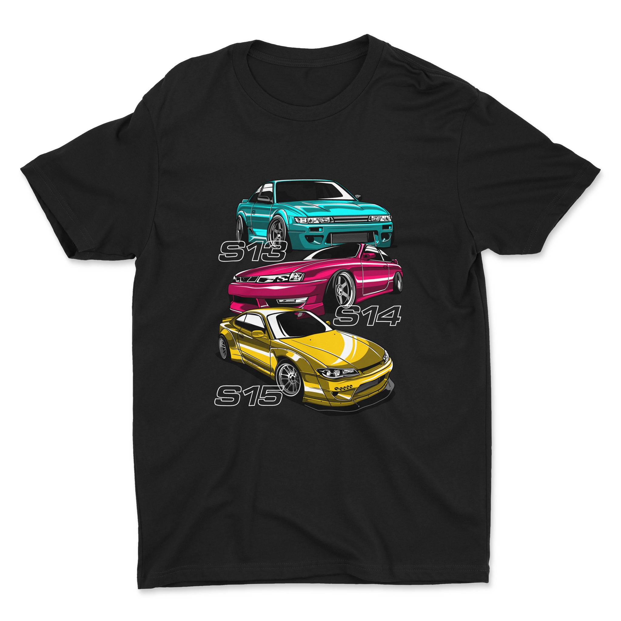 S Chassis Generation - Car T-Shirt - Black. NIssan 240sx, 200sx, 180sx, silvia s13, s14, s15.