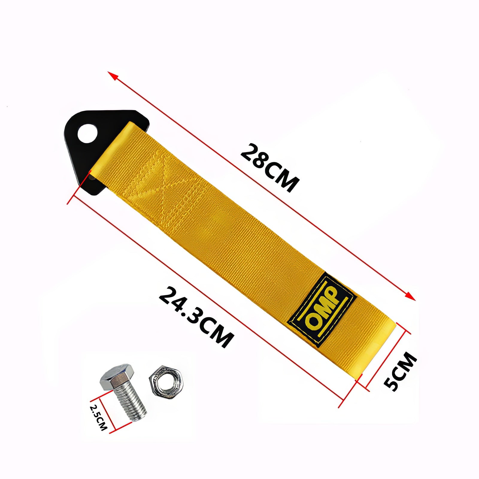 OMP racing JDM tow strap in yellow color.