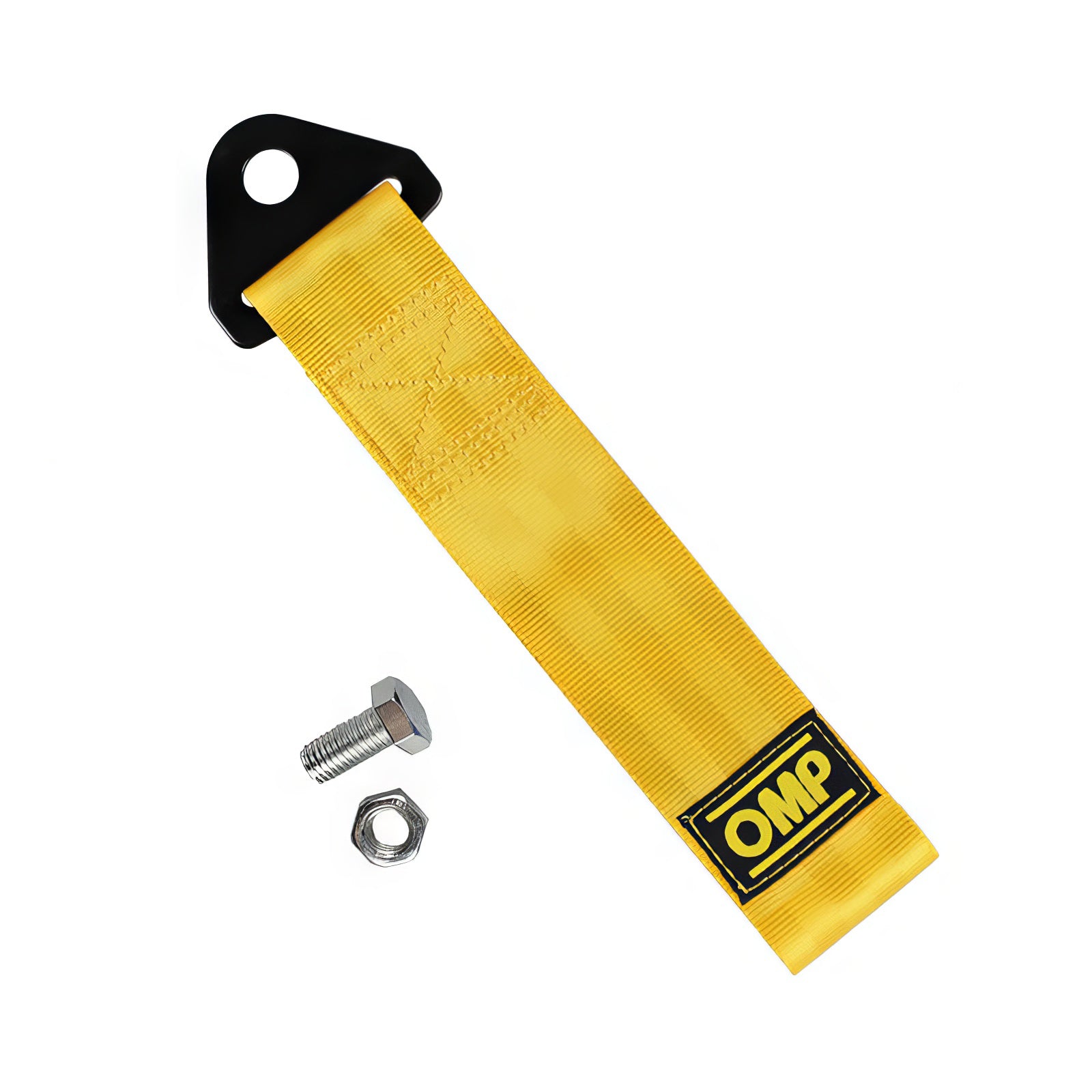 OMP racing JDM tow strap in yellow color.