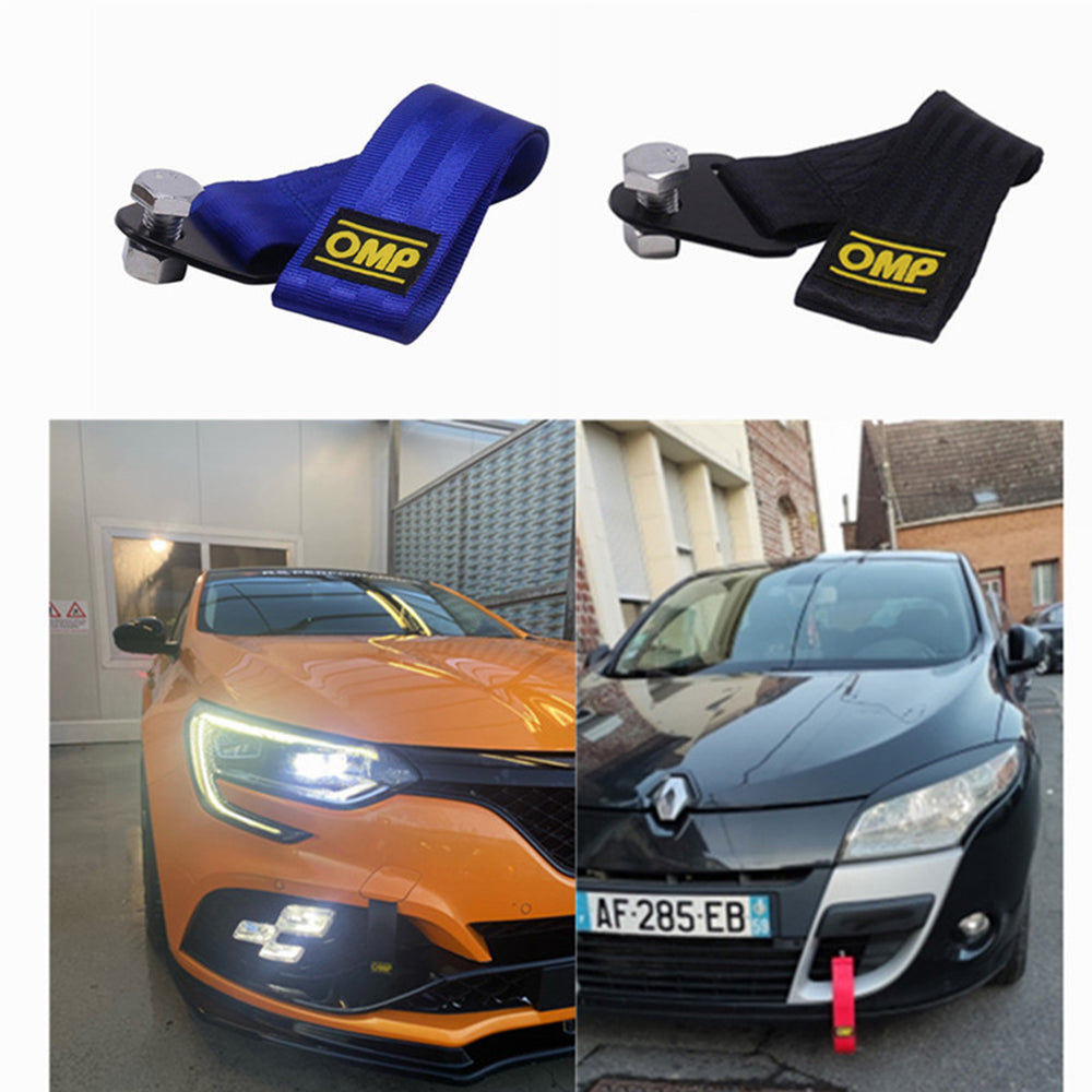 OMP racing JDM tow strap in black and blue.
