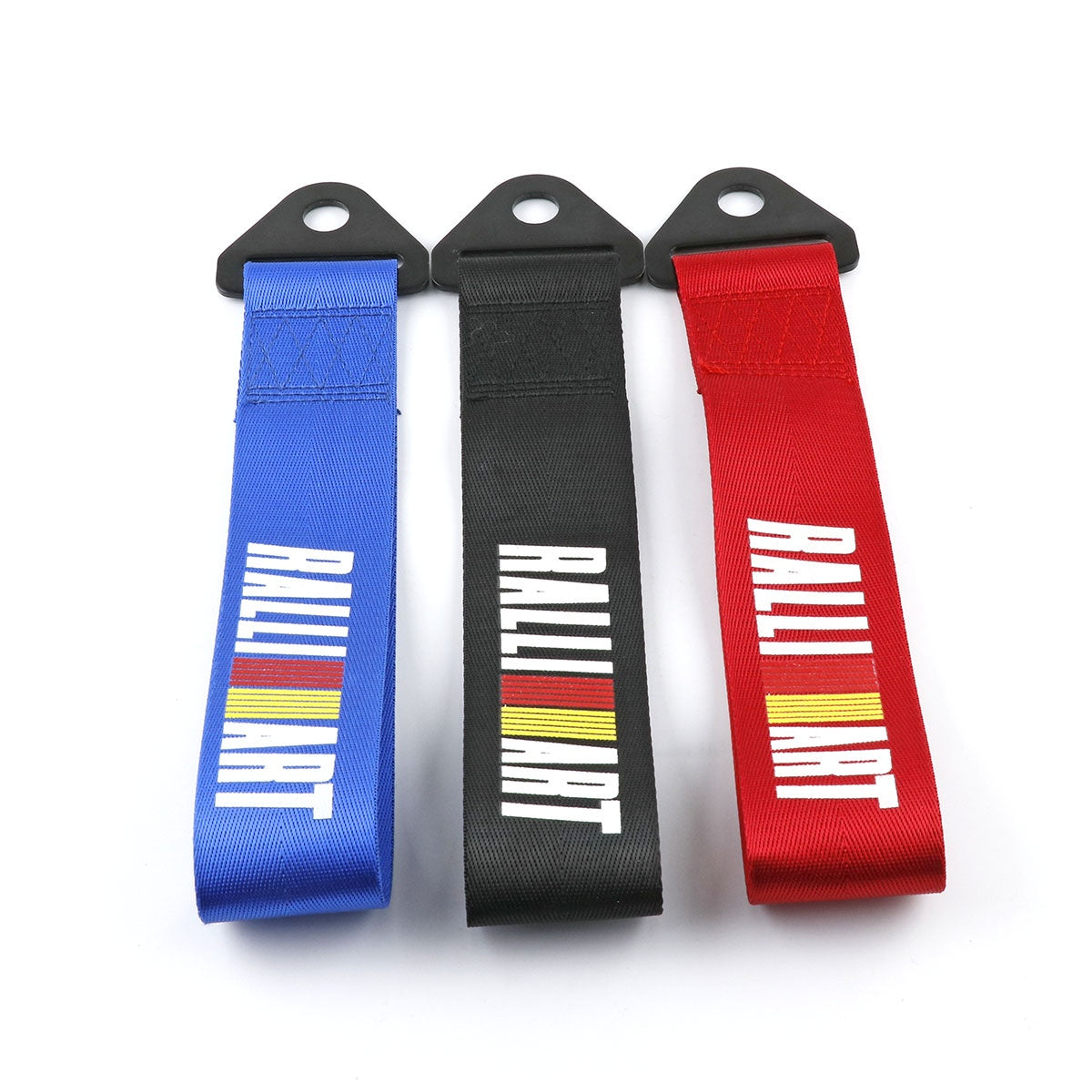 Ralliart JDM tow strap in blue, black, and red.