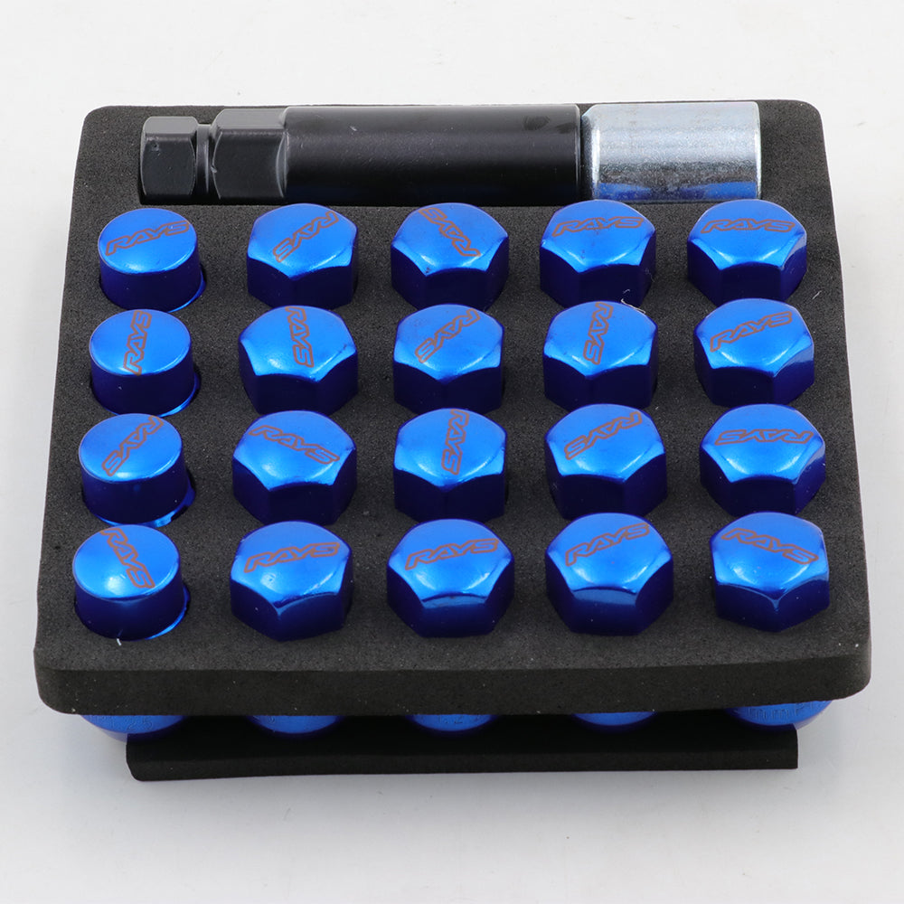 RAYS Volk 17 Hex Racing Lug Nuts in blue.