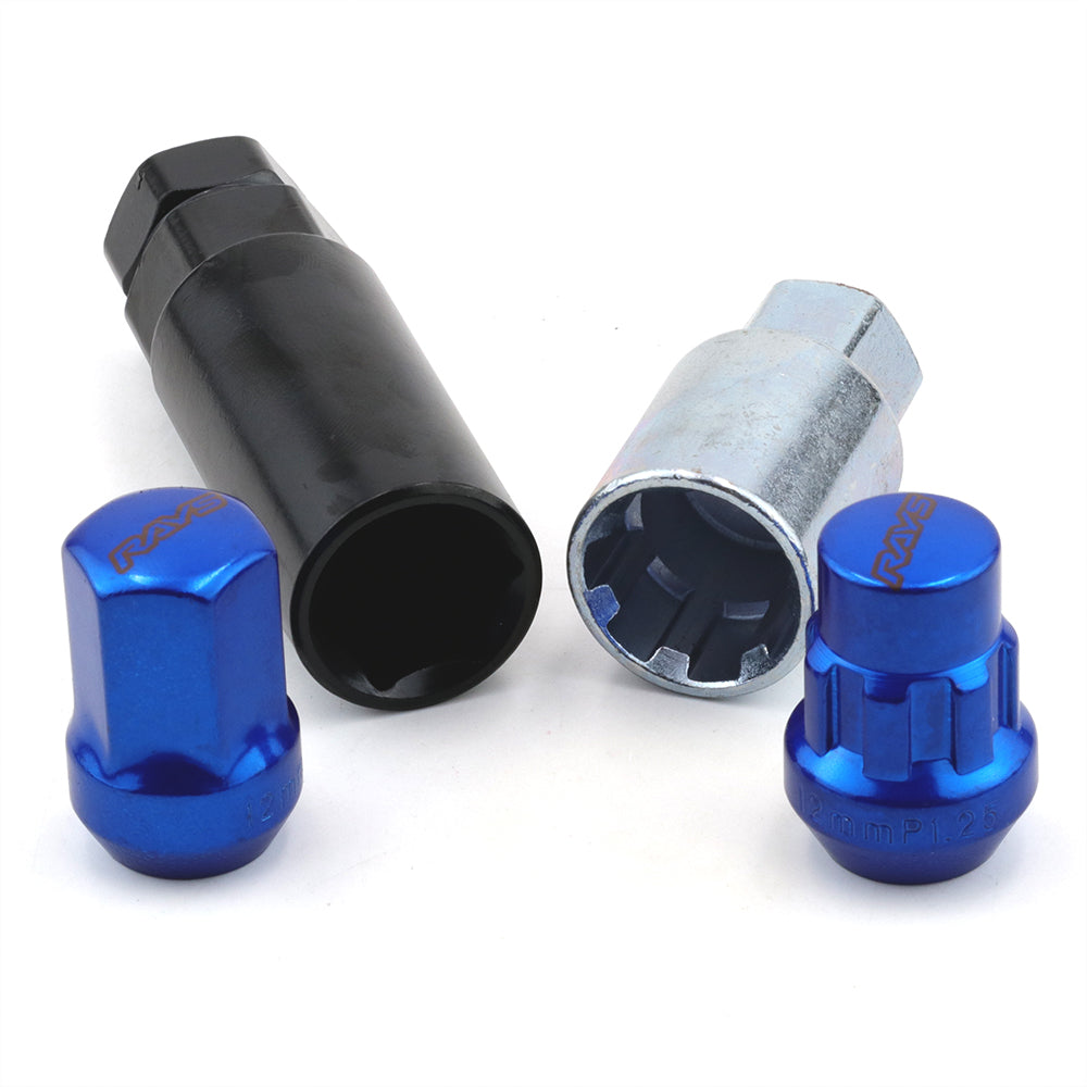 RAYS Volk 17 Hex Racing Lug Nuts in blue.
