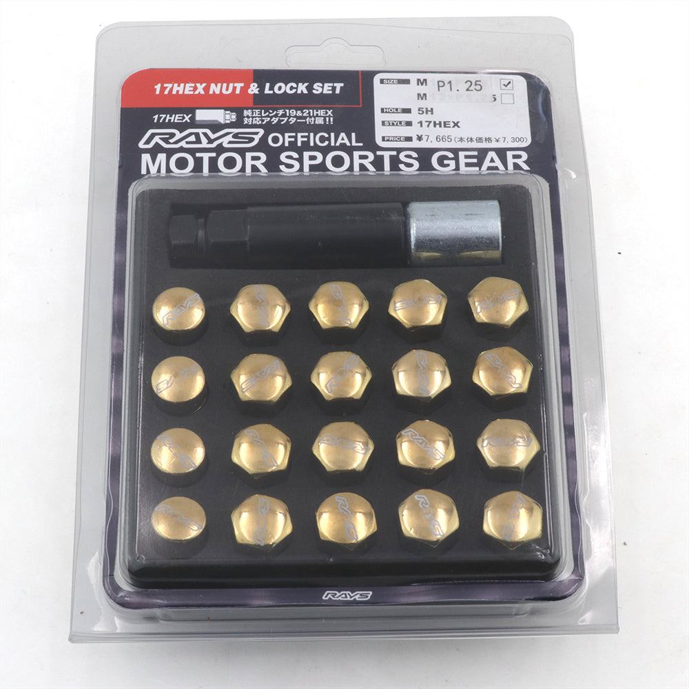 RAYS Volk 17 Hex Racing Lug Nuts in gold.