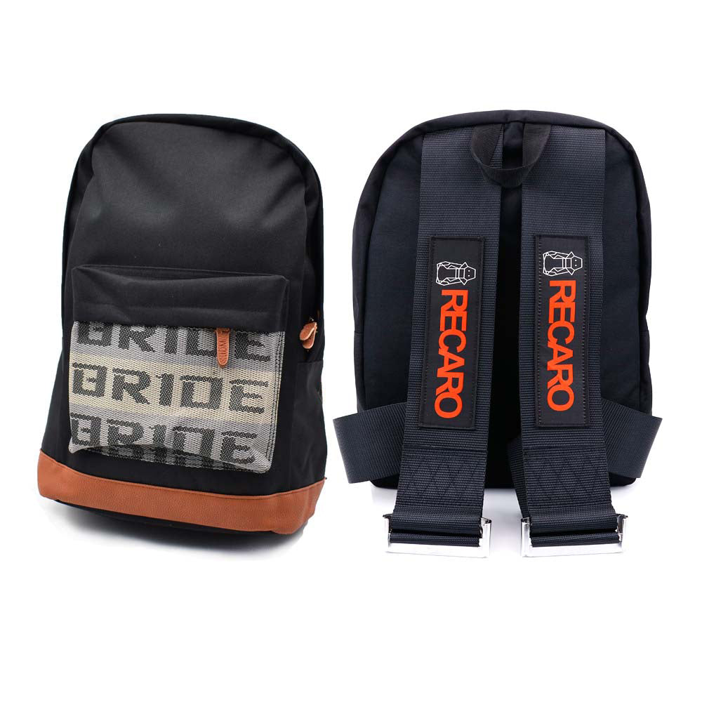 Recaro Bride Backpack with black racing harness shoulder straps. 