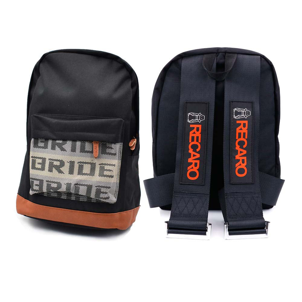 Recaro Bride Backpack with black racing harness shoulder straps.