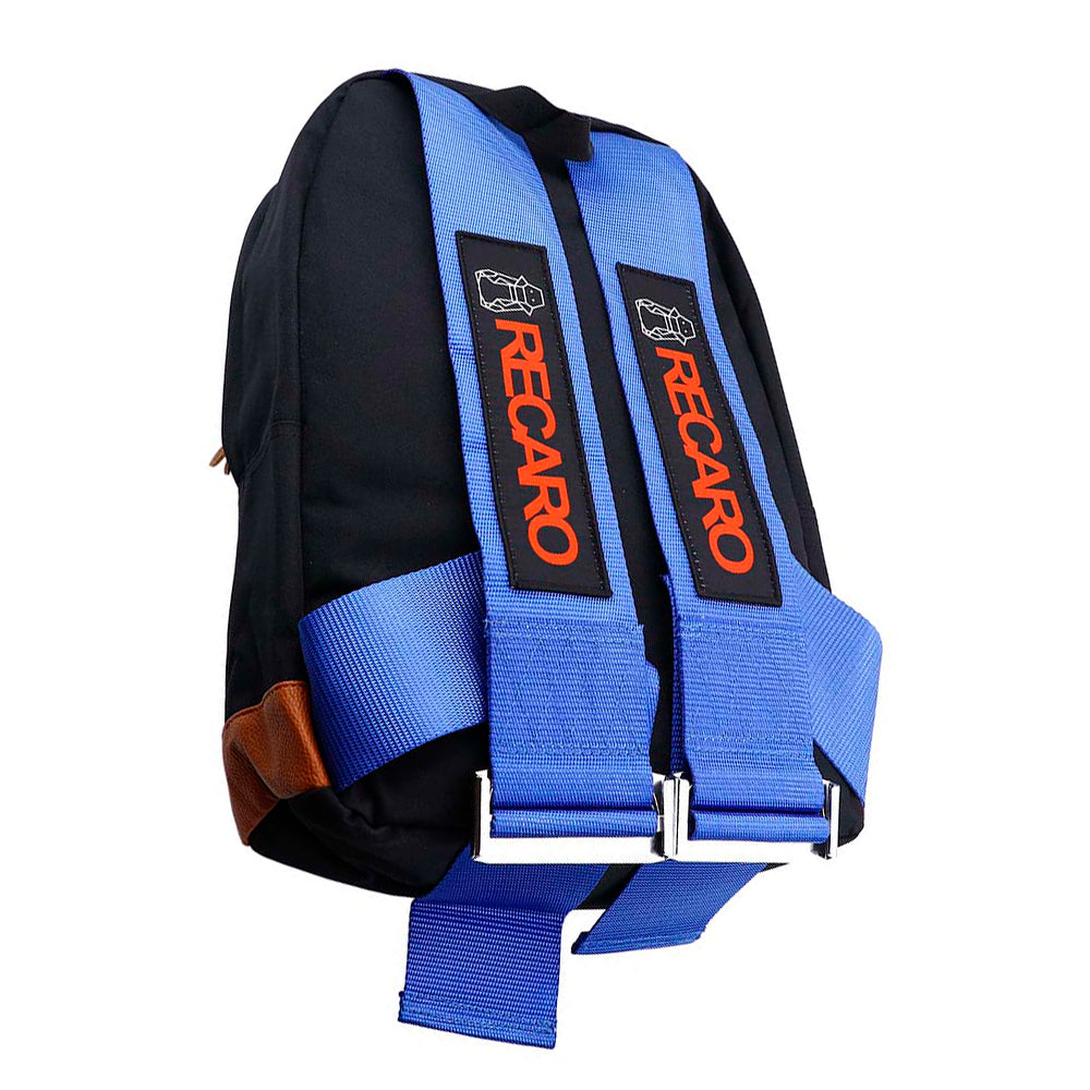 Recaro Bride Backpack with blue racing harness shoulder straps.