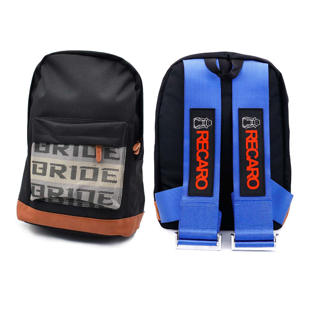 Recaro Bride Backpack with blue racing harness shoulder straps. 