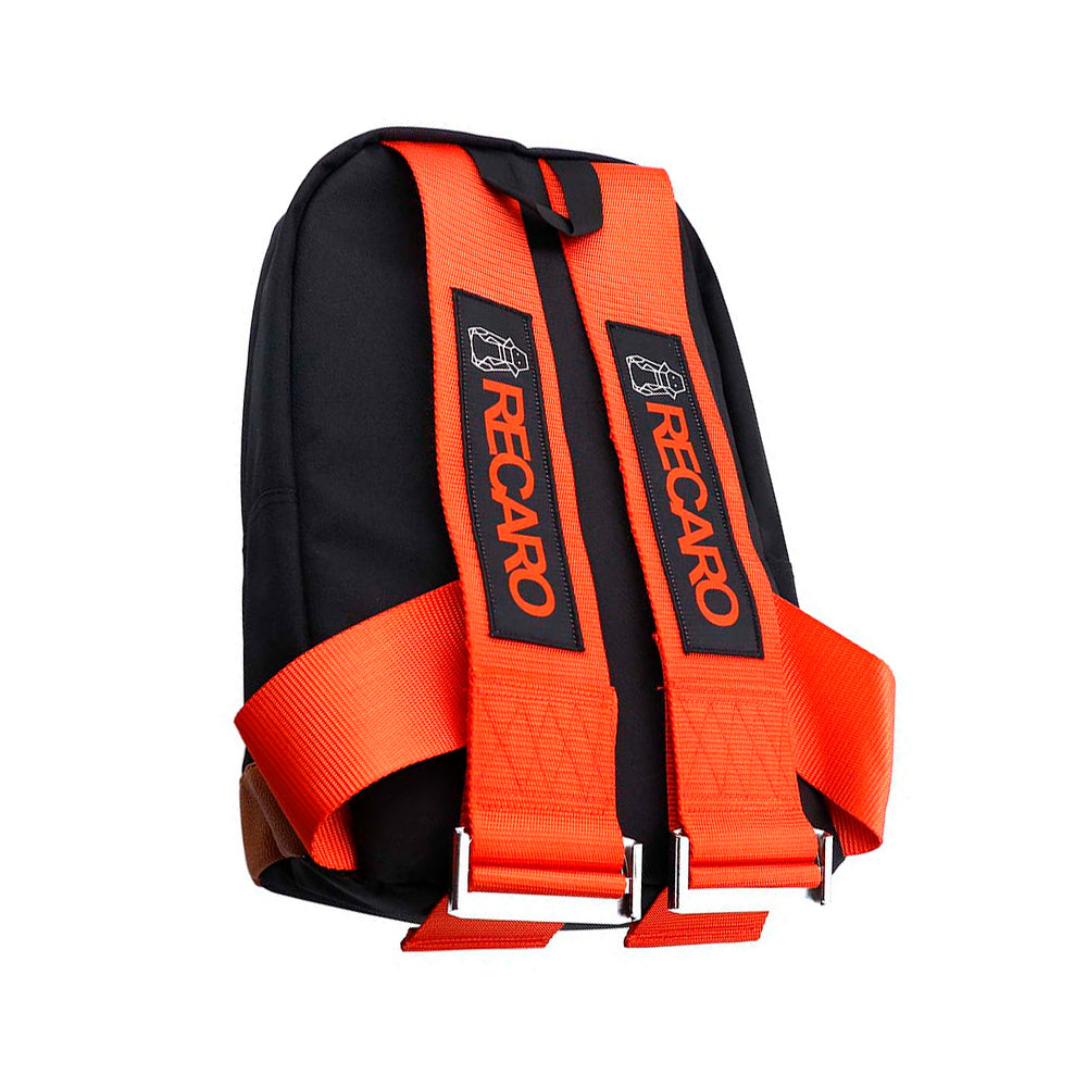 Recaro Bride Backpack with red racing harness shoulder straps.