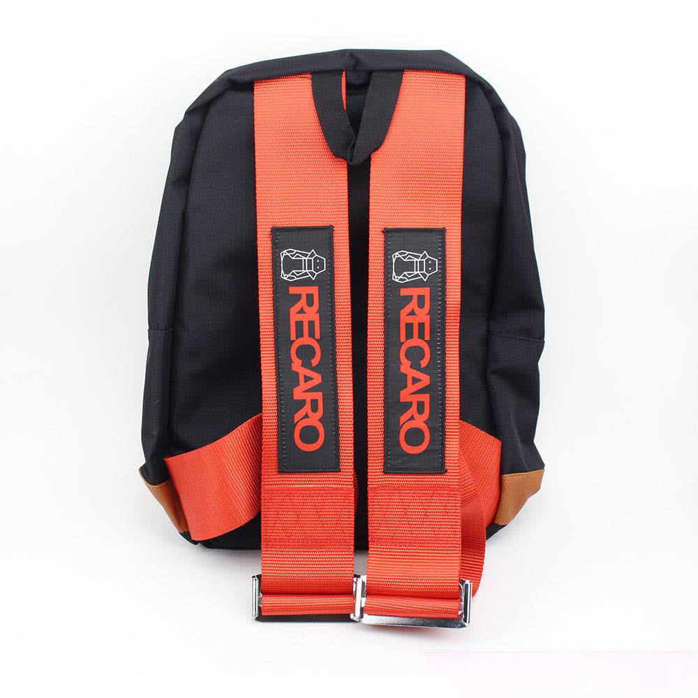 Recaro Bride Backpack with red racing harness shoulder straps.