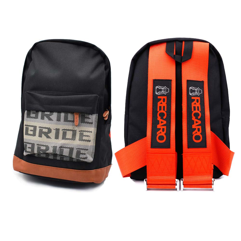 Recaro Bride Backpack with red racing harness shoulder straps. 