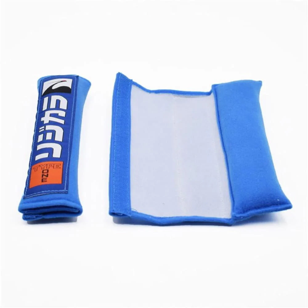 Spoon Sports seat belt shoulder pads in blue.