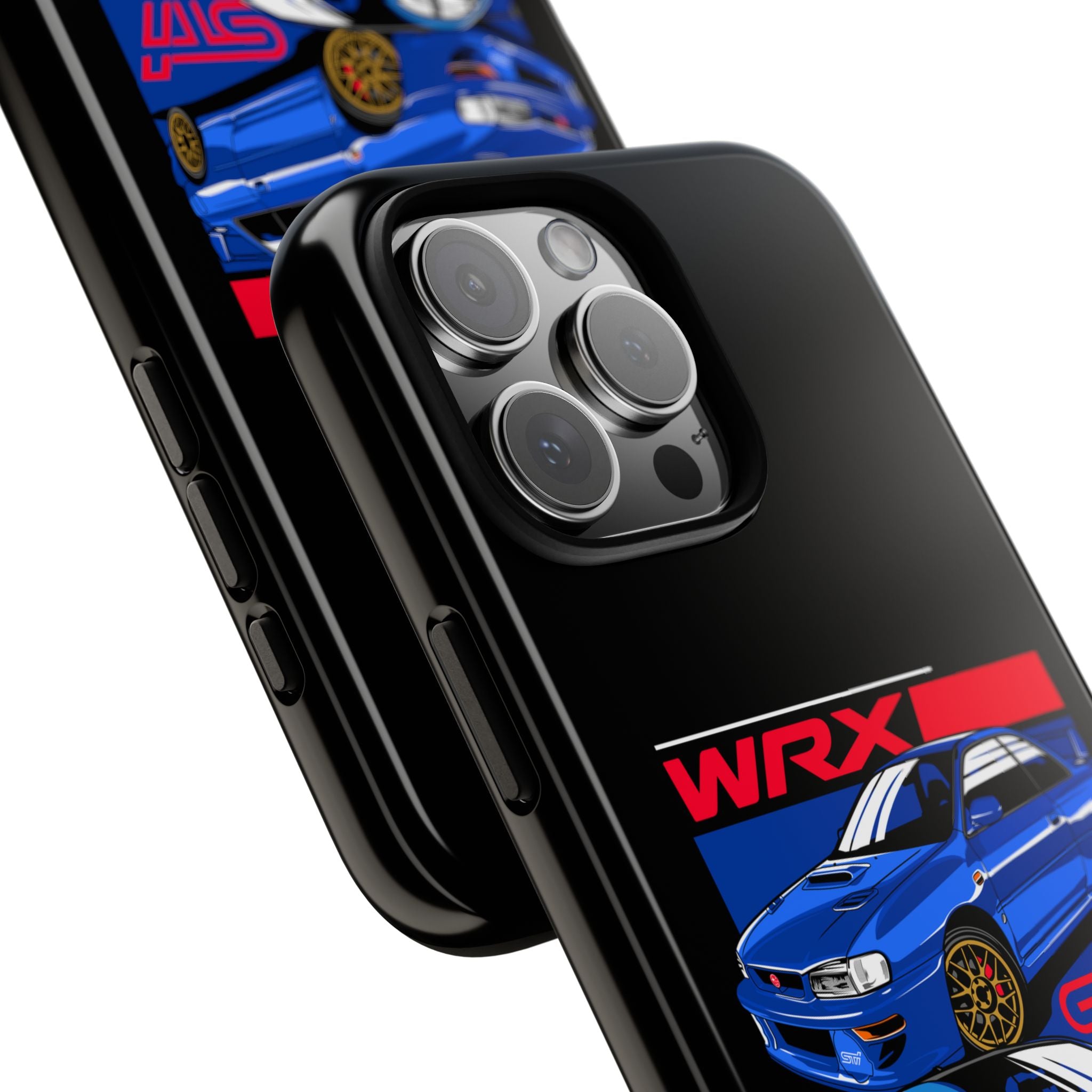 Black phone case with Subaru Impreza WRX STI design.