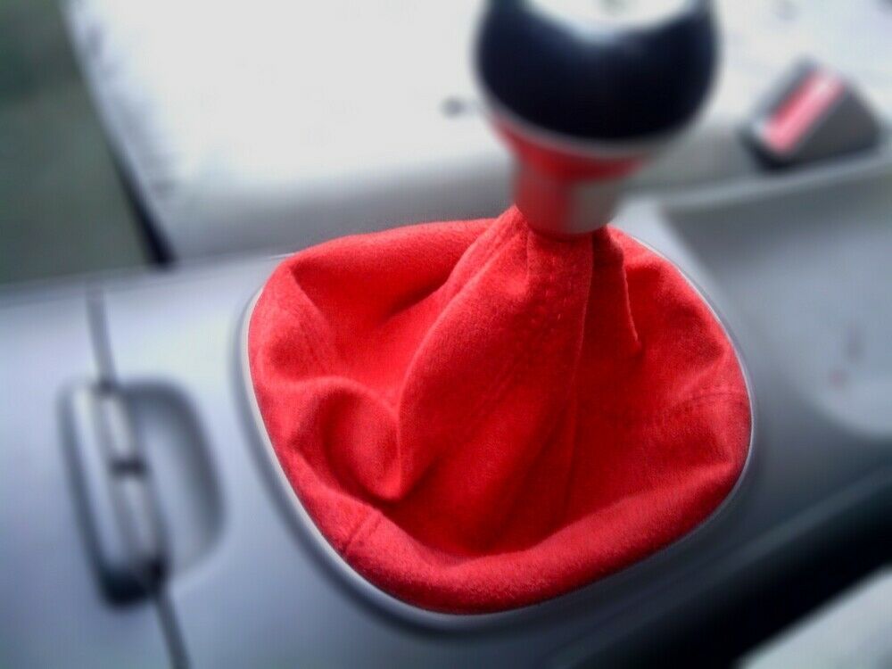 Suede Leather Gear Shift Boot Cover in red installed in car.