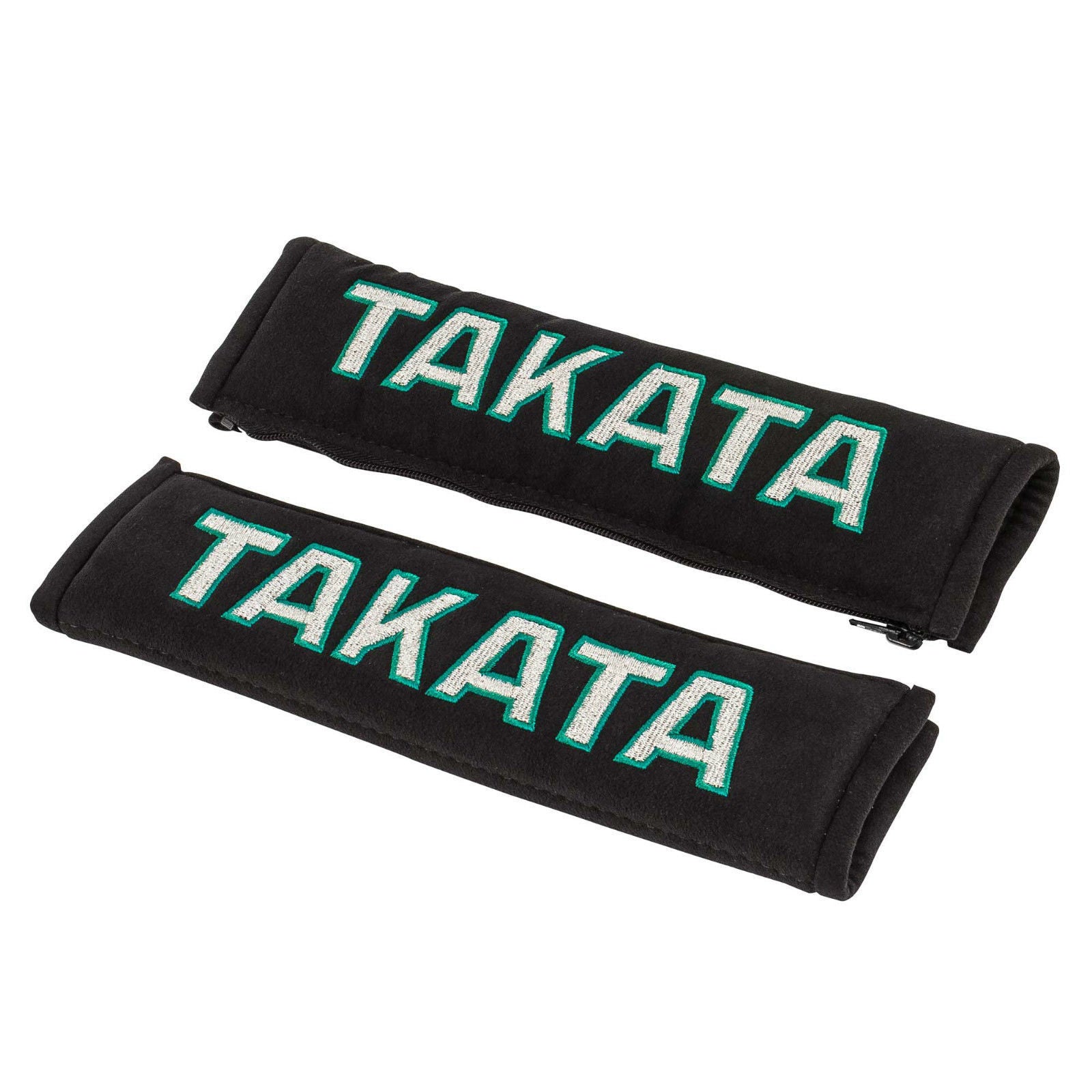 A pair of Takata comfort seat belt shoulder pads in black.
